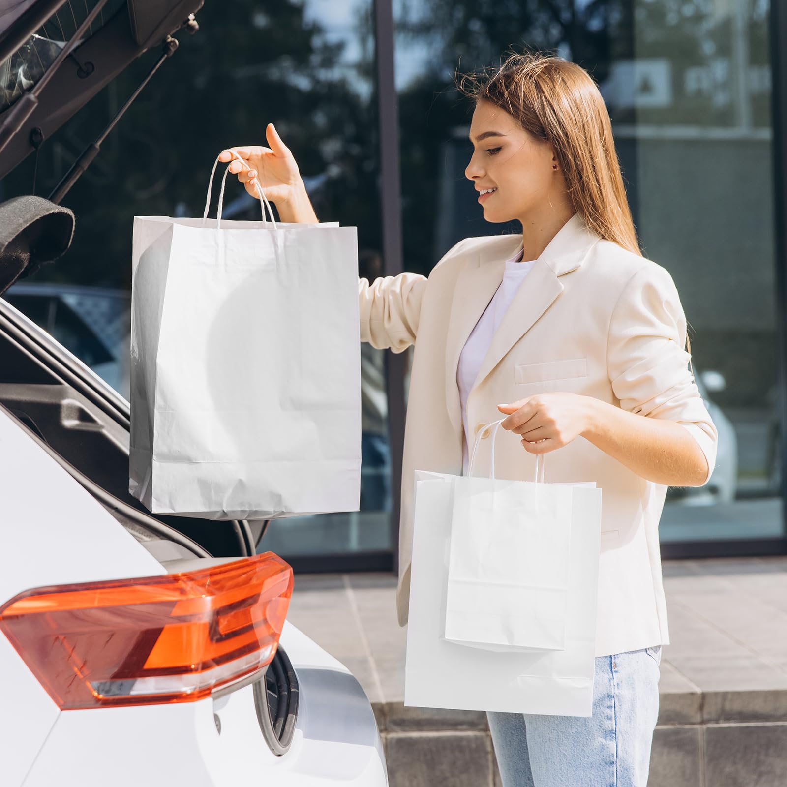 OUTUXED 120 bolsas de papel con asas de varios tamaños, bolsas de papel blanco kraft a granel, 3 tamaños mixtos, bolsas de regalo, bolsas de venta al por menor para fiestas, cumpleaños, compras,