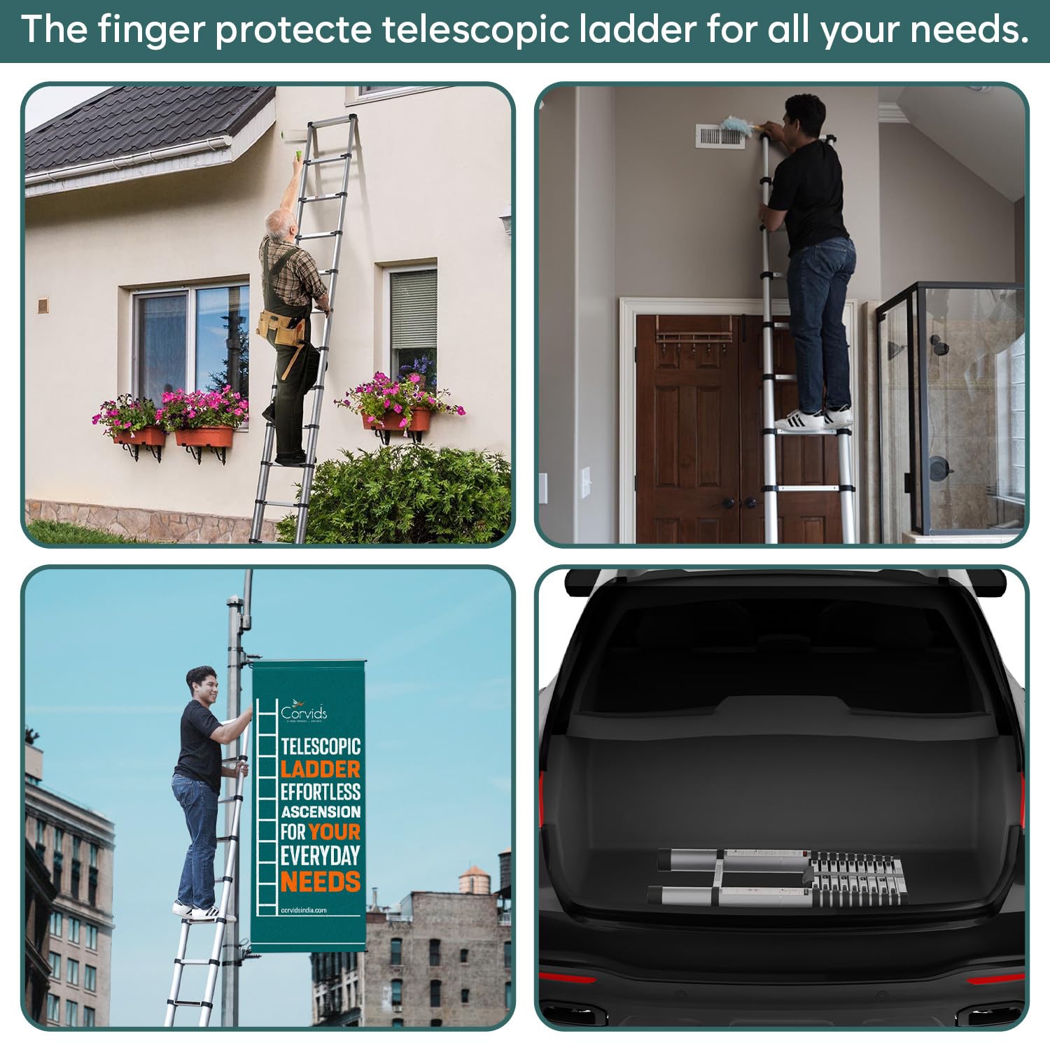 Corvids 3.8m (12.5 ft) Portable & Compact Finger Protect Aluminium Telescopic Ladder | 2-Year Warranty | EN131 Certified 10-Steps Foldable Multipurpose Step Ladder for Home & Outdoor use 3