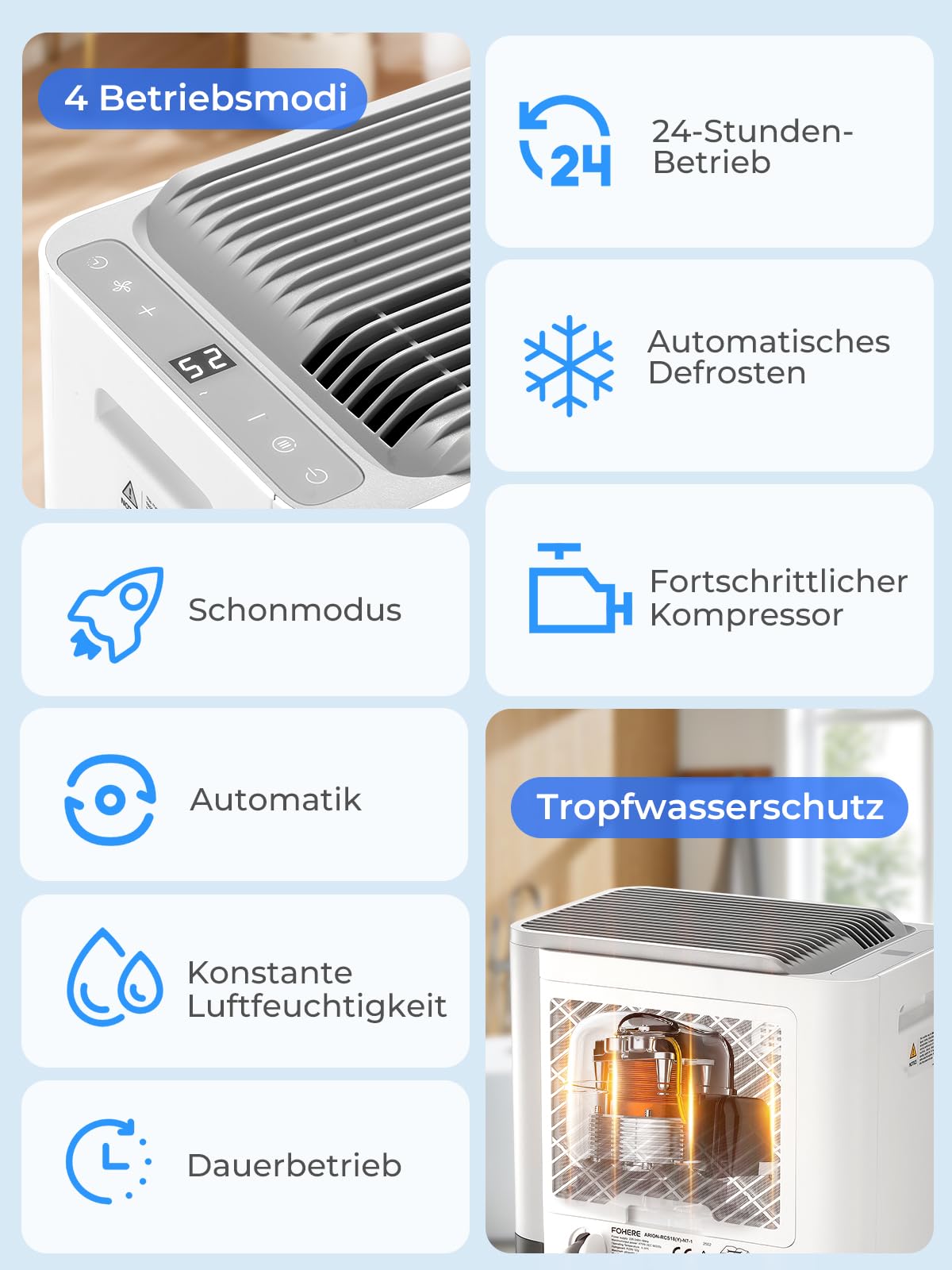 FOHERE Luftentfeuchter 30L/Tag, Raumentfeuchter bis 50 m² für Keller, Bad und Schlafzimmer, mit Hygrostat, Ablaufschlauch, Wäschetrocknung, Schlafmodus, 24h-Timer und Rollen