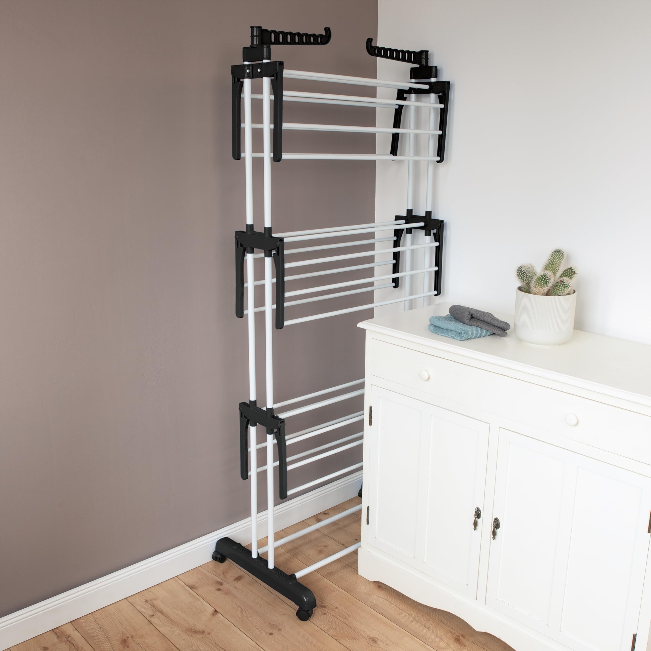 EASYmaxx Stendibiancheria pieghevole | asciugatura efficiente con 3 livelli, 2 ali laterali e struttura leggera, salvaspazio, versatile e mobile per interni ed esterni, nero/bianco