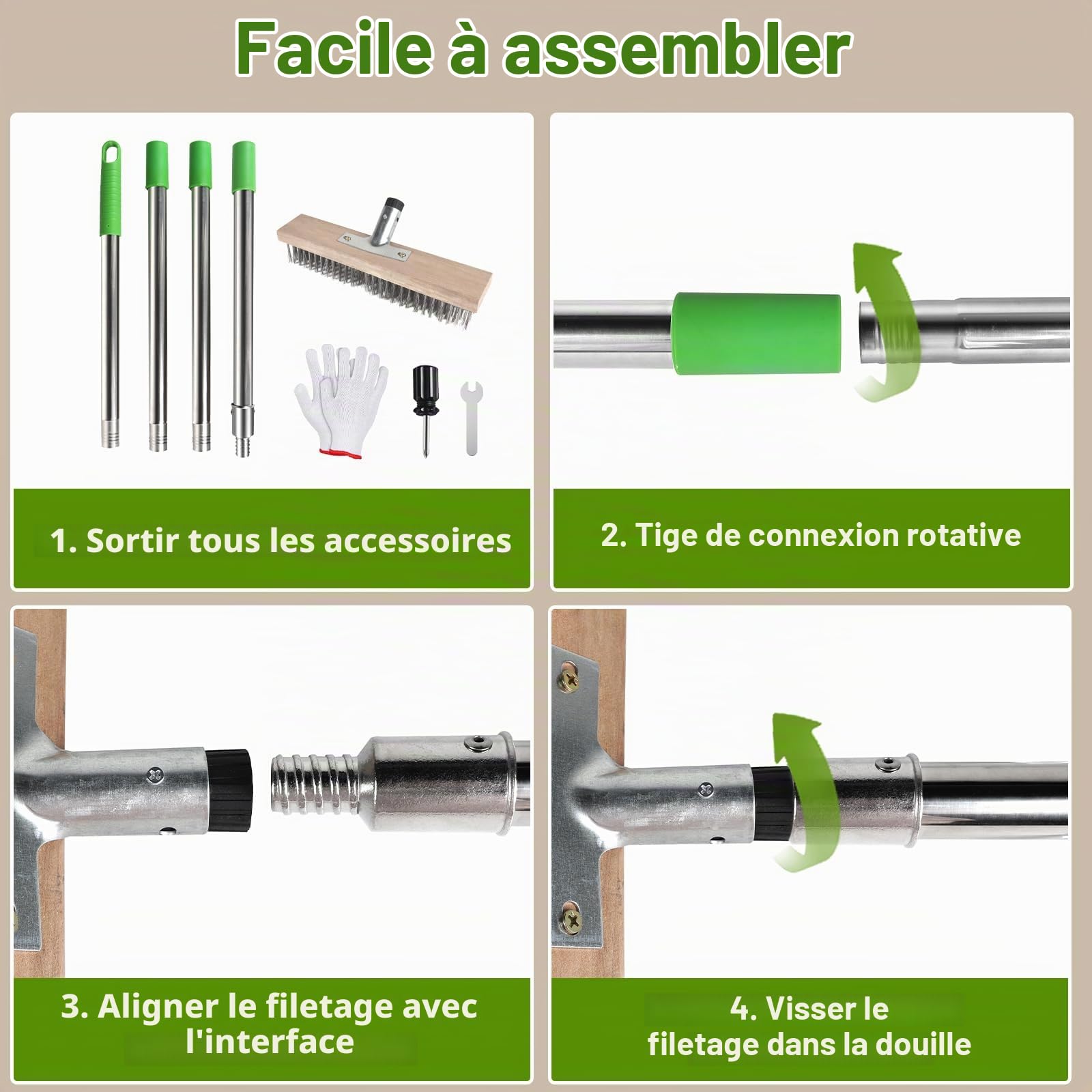 2pcs Balai métallique 30cm Brosse à balai métallique portable Balai métallique en acier avec 1 jeu manche (1,6 m) Balai exterieur pour enlever mousse du jardin, mauvaises herbes,taches tenaces