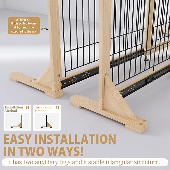 YOCAN Adjustable Freestanding Dog Gate for Doors & Stairs, 23.6 Tall, 23.645.3 Wide, Wood & Metal Pet Gate, No Drill Pressure Mount, Indoor Safety Barrier (Black/Natural)