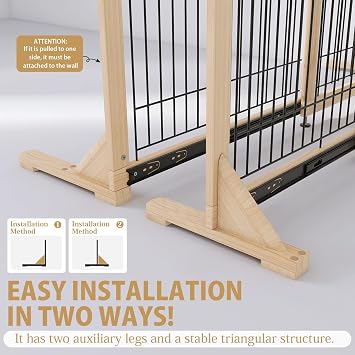 YOCAN Adjustable Freestanding Dog Gate for Doors & Stairs, 23.6 Tall, 23.645.3 Wide, Wood & Metal Pet Gate, No Drill Pressure Mount, Indoor Safety Barrier (Black/Natural)