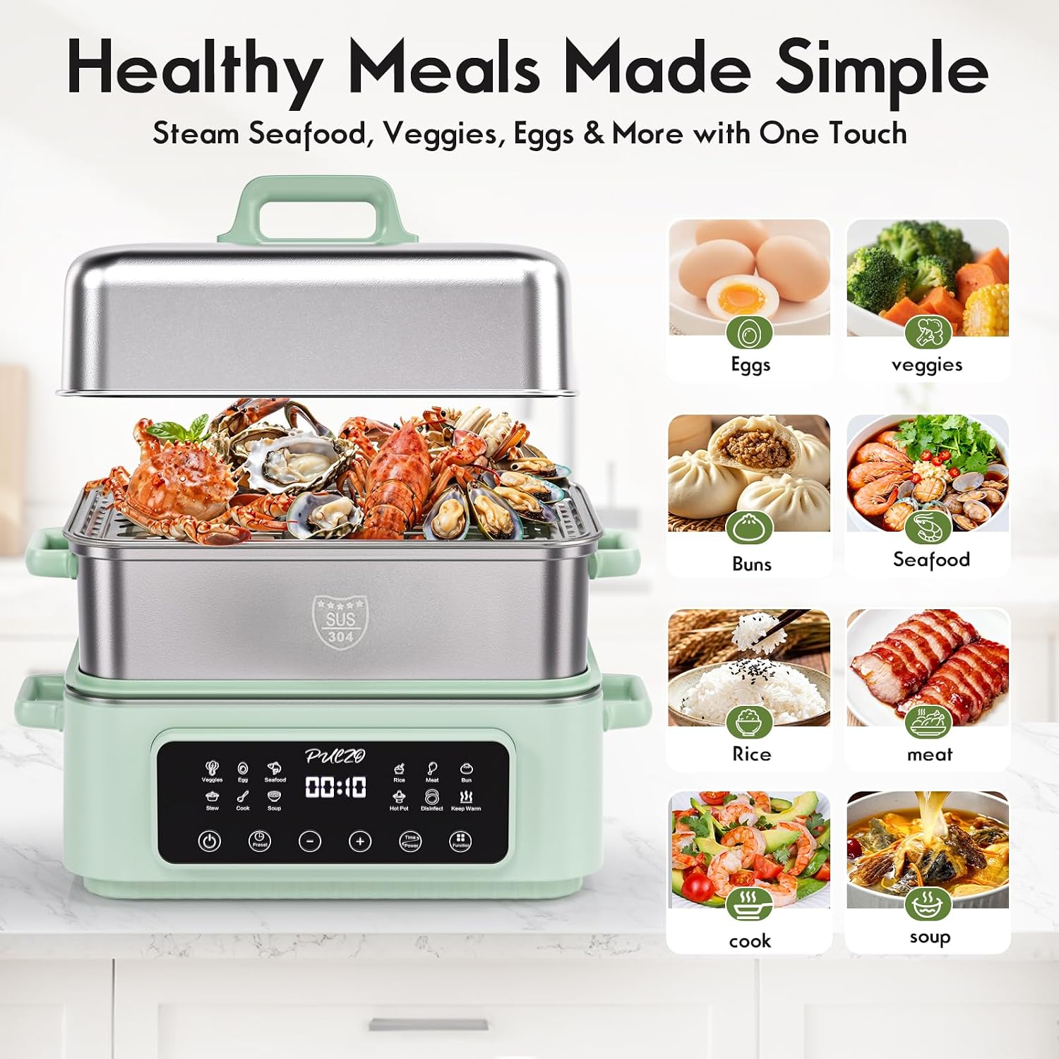 PULZO 18QT Electric Food Steamer, Vegetables Steamer with 2-Tier Stainless Steel Trays, 12 Presets, Adjustable Timer, Multi-Function Steam Cooker for Veggies, Seafood & Rice, BPA-Free