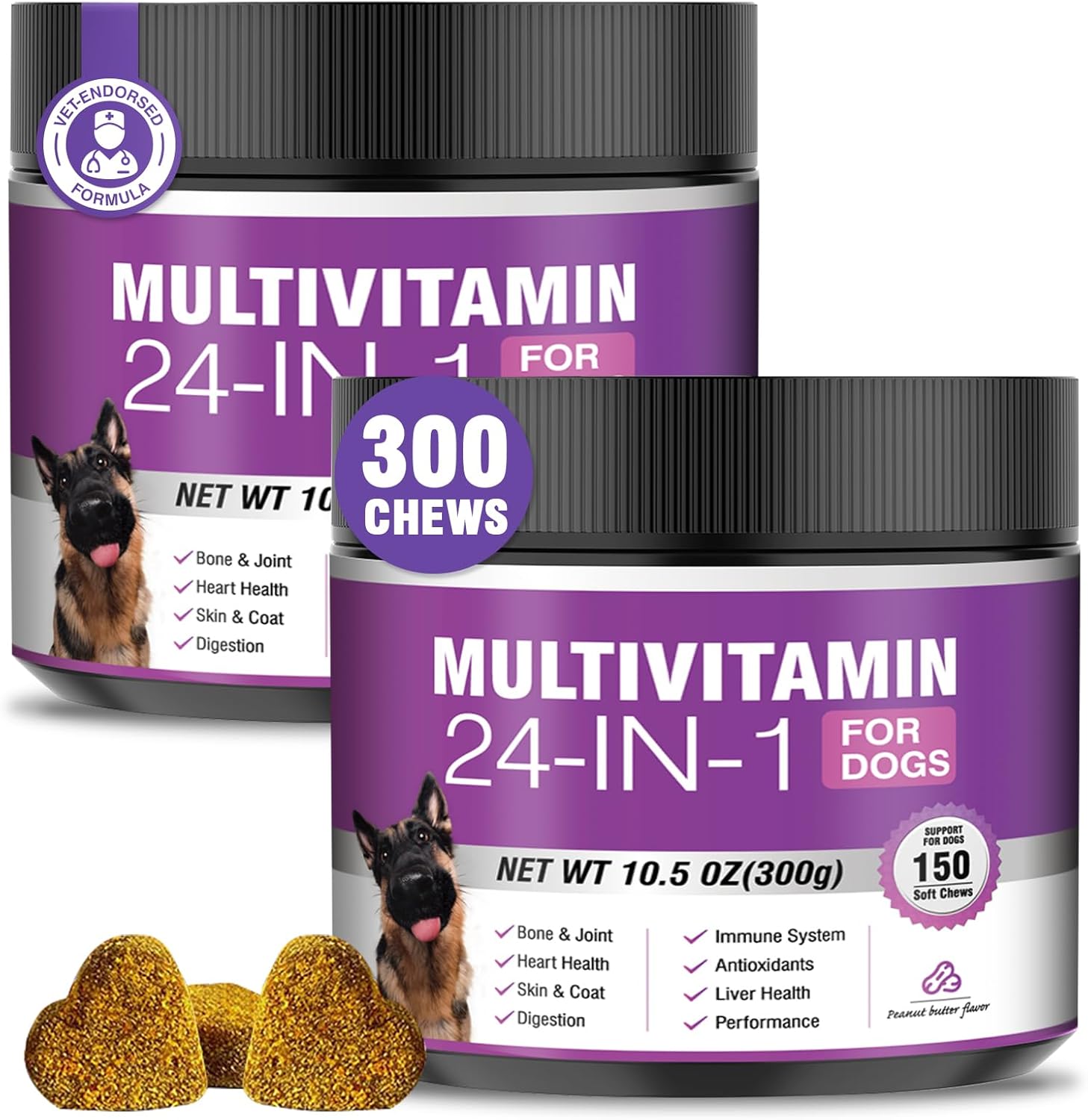 24-in-1 Dog Vitamins and Supplements 300 Ct Dogs Multivitamin Chewable Contain Chondroitin Probiotics Omega-3 Glucosamine for Dogs Skin Coat Heart Joint Gut Liver Brain Immune Support - Peanut Butter