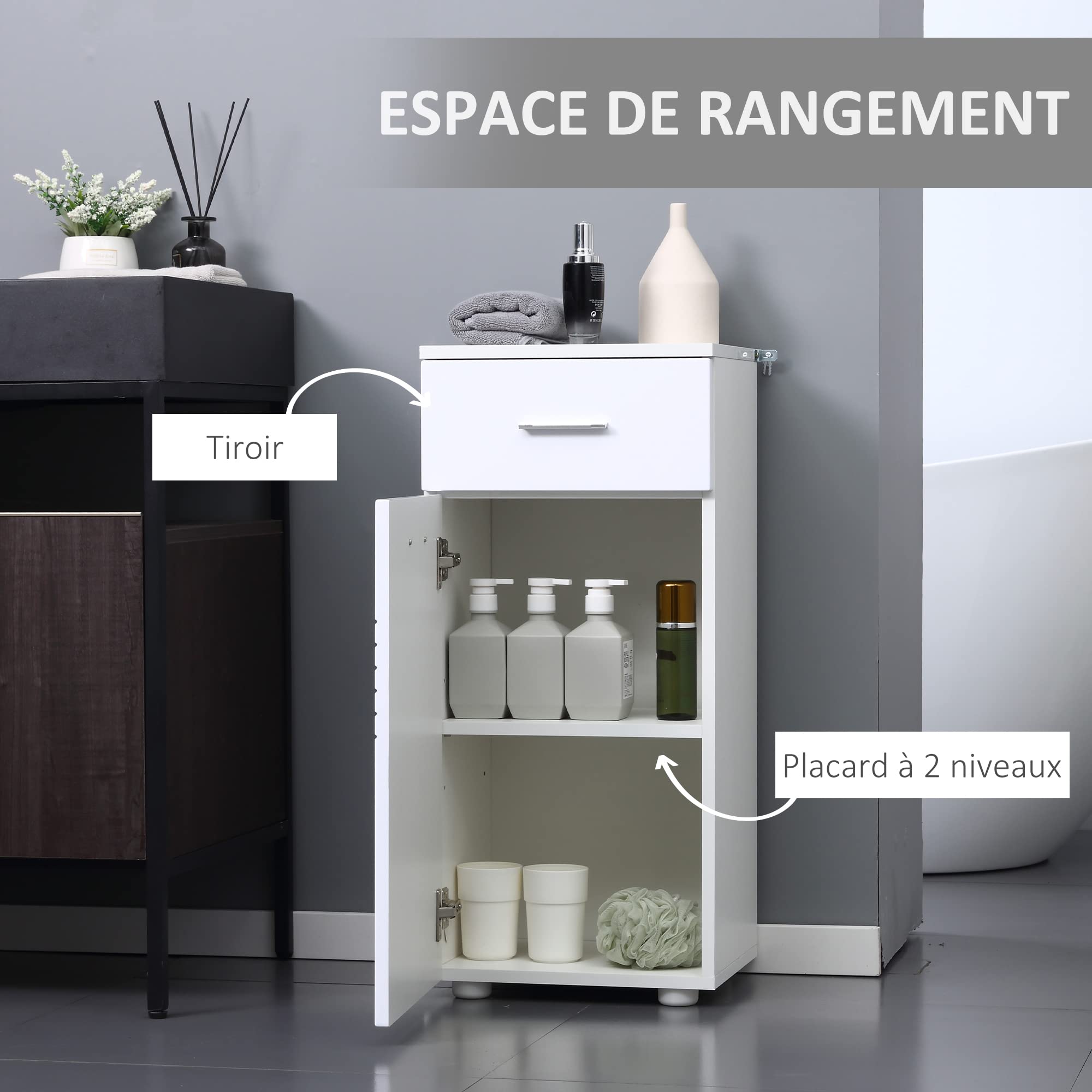 kleankin Meuble sur Pied Colonne Bas de Salle de Bain Placard Porte avec étagère tiroir Coulissant en Bois Blanc