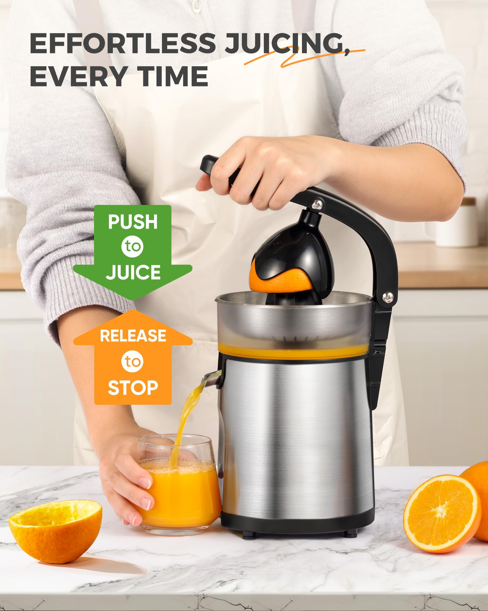 Exprimidor eléctrico de naranja, exprimidor de cítricos con 2 conos intercambiables, máquina exprimidor eléctrico de 160 W con cuerpo de acero inoxidable y colector de jugo transparente para