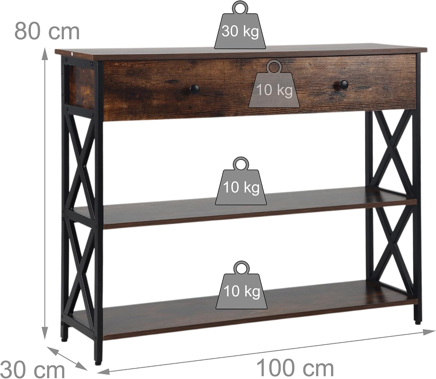 Diagram showing the dimensions and load capacities of the console table