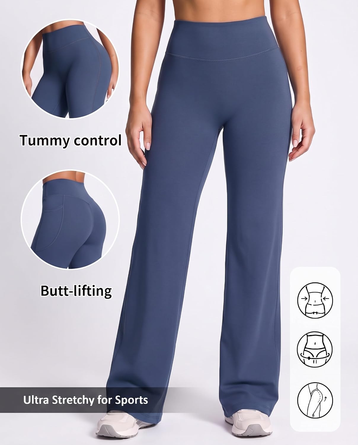 Coume 3 Pack Women Straight Workout Legging Bottoms High Waist No Front Seam Stretch Wide Leg Yoga Gym Pants with Pockets