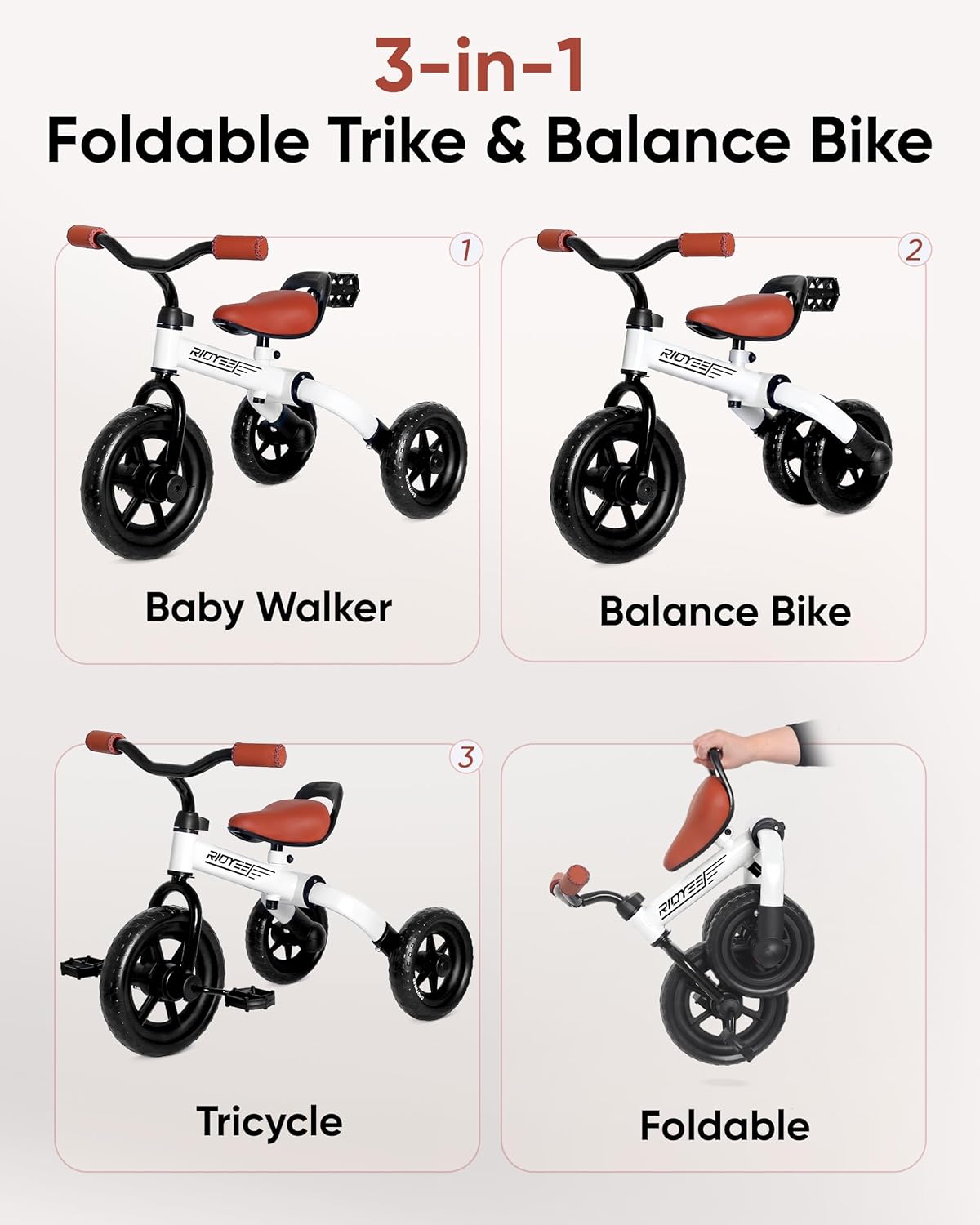 RIDYEE 3-in-1 Foldable Tricycle and Balance Bike for Toddlers 2 to 5 Years, Tricycle for 2 Years with Adjustable Handlebar and Seat, Tricycles for 3-5 Years with DIY Plate, White