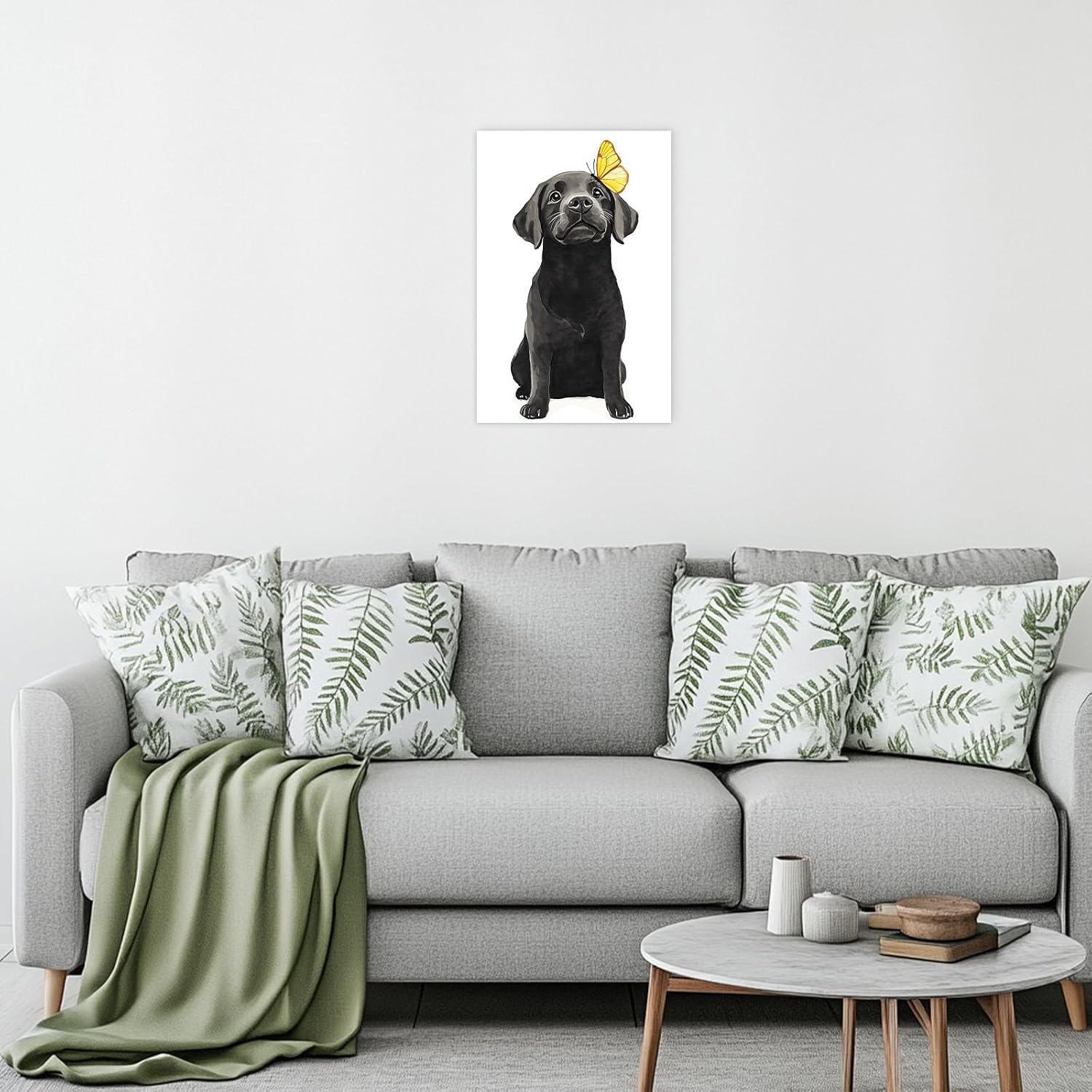 GLOKAKA Black Dog Canvas Wall Art Watercolor Animal And Yellow Butterfly Painting Print for Living Room Nursery Kids Room Wall Decor(Artwork-1,12"x18")