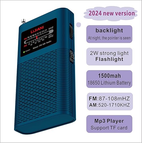 Miniatura 2 de Radio AM/FM portátil retroiluminada, reproductor de MP3, transistor de bolsillo con linterna de 2200 mAh, batería de 2200 mAh, antena larga, mejor