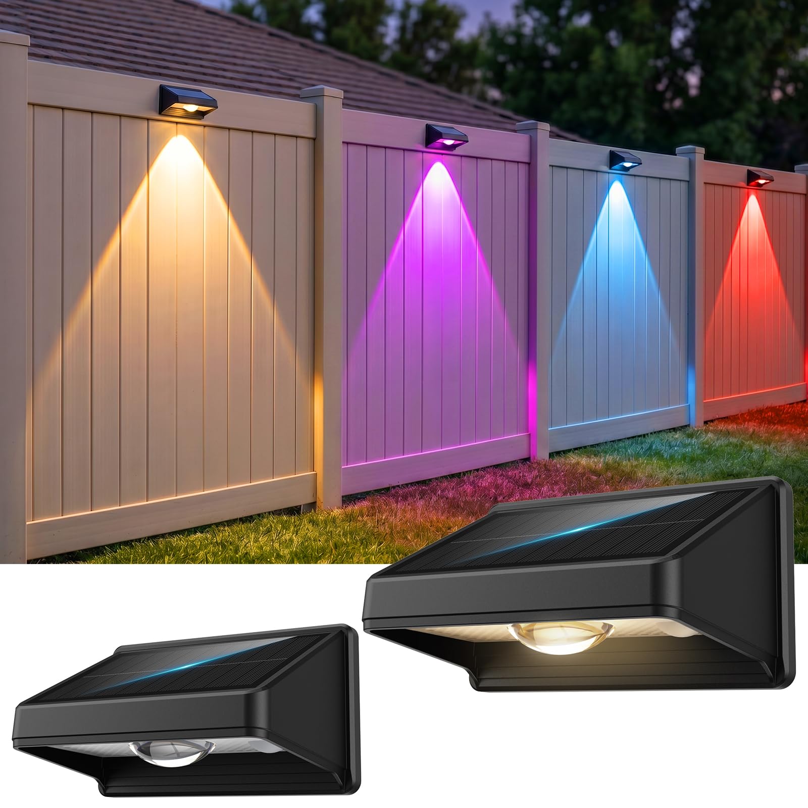 Solar Fence Lights Outdoor,7 Colors &amp; RGB Fence Lights Solar Powered,2Pack