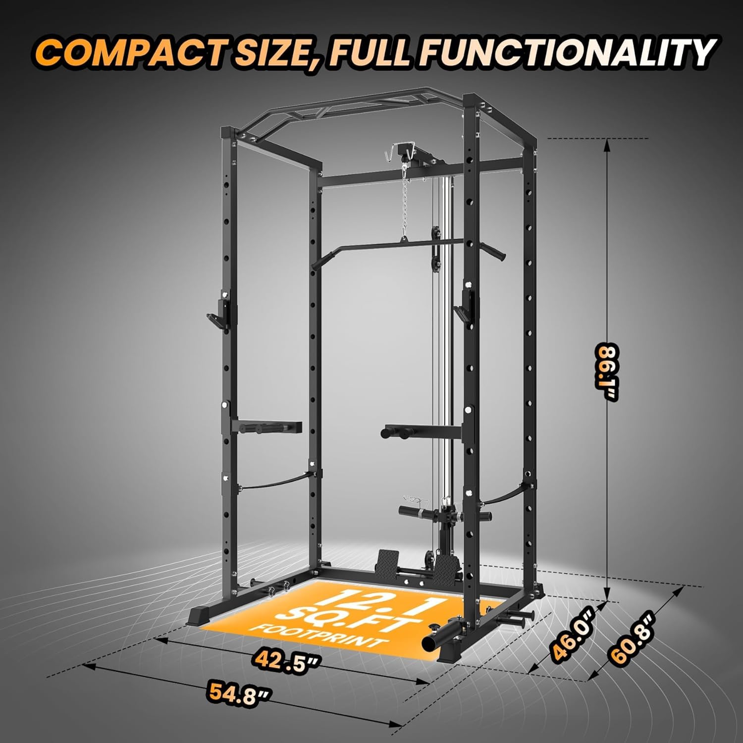 Power Cage with LAT Pulldown, 1600LBS Multi-Functional Home Gym Squat Rack with Cable Pulley System, Dip Bars & Landmine Attachment