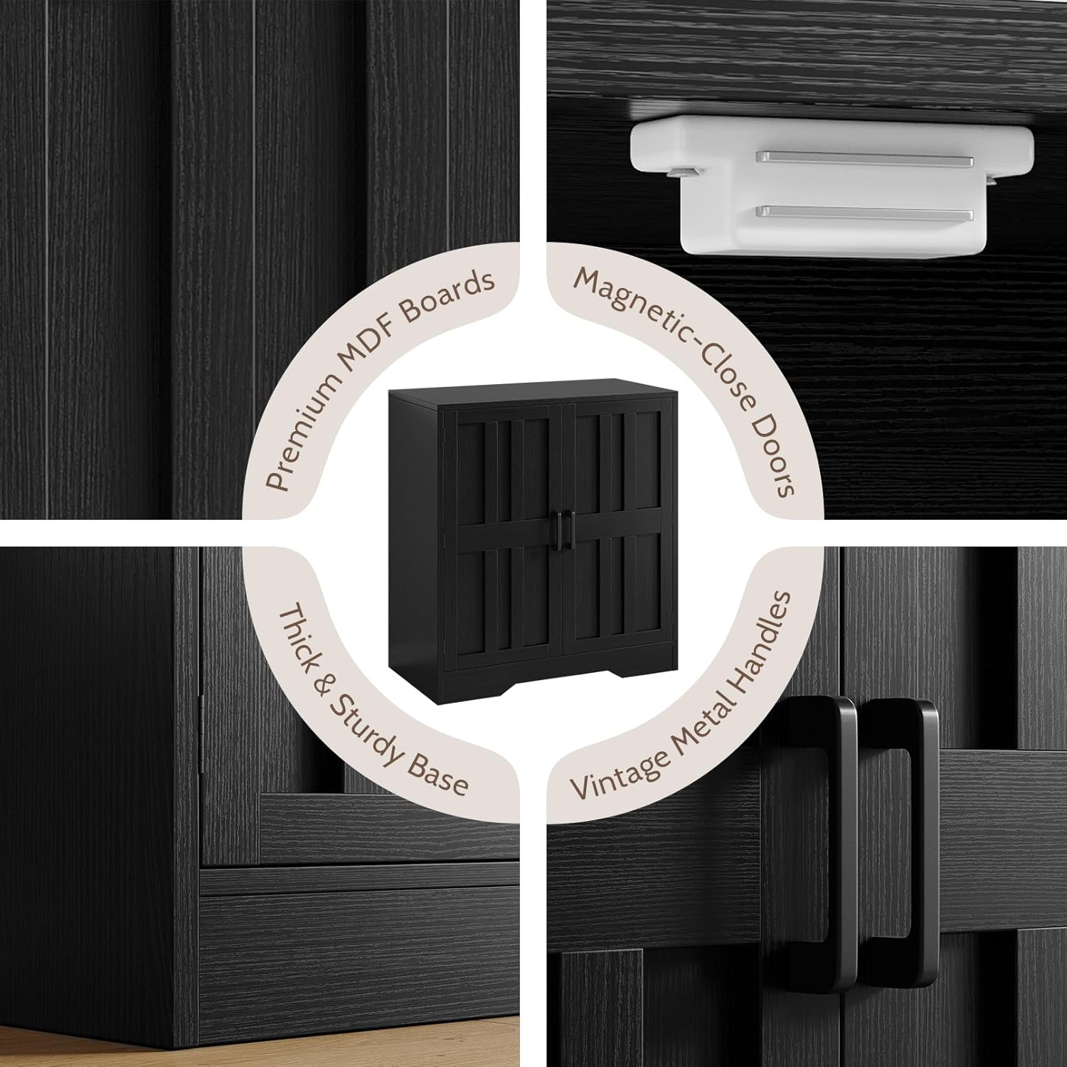 Collage showing premium MDF boards, magnetic-close doors, thick and sturdy base, and vintage metal handles.