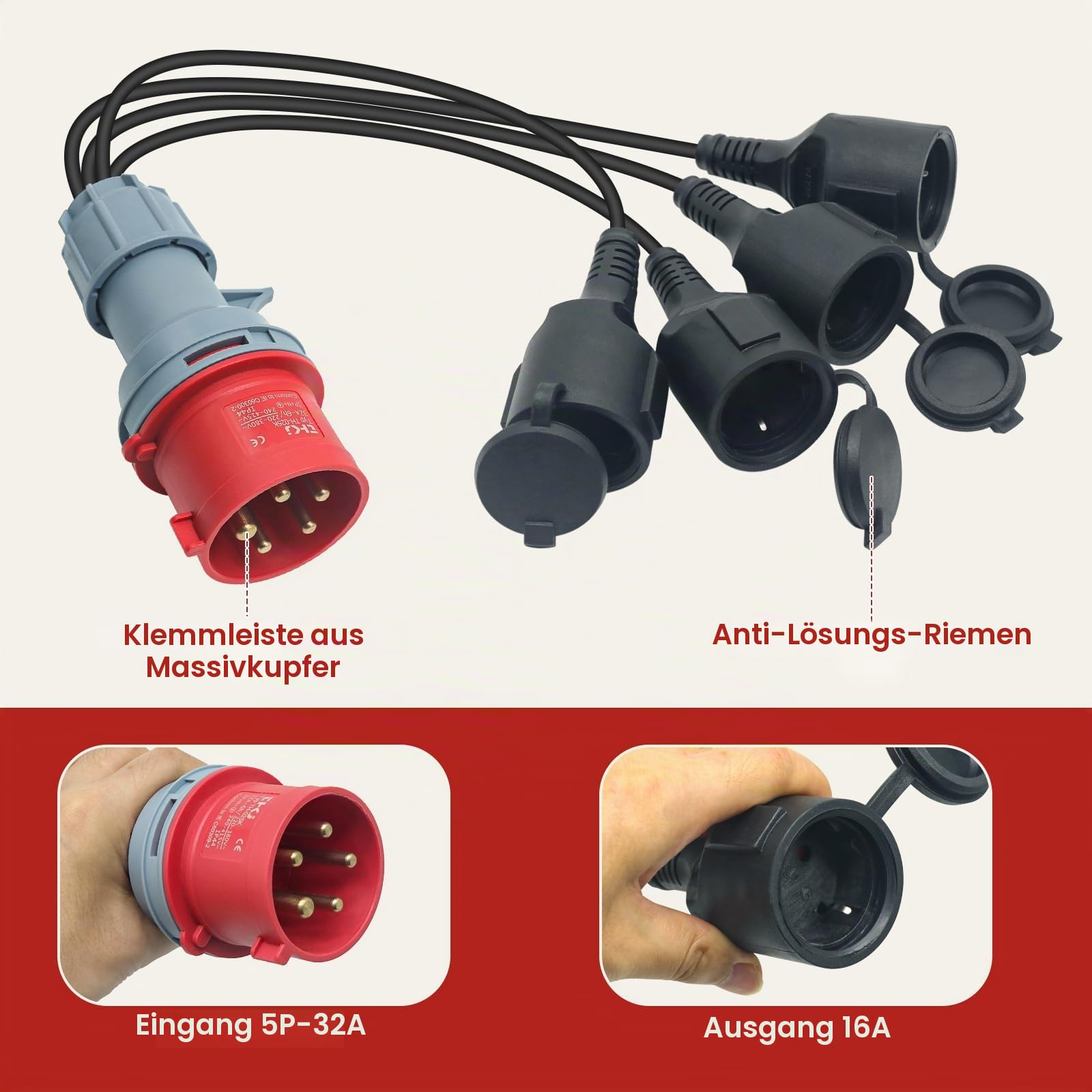 CEE Adapter Starkstrom Verteiler 32A auf 16A 400V Stecker Kupplung auf 4X 230 V Starkstrom Verlängerungskabel Für Baustellen, Landwirtschaft, Generatoren, Wohnwagen, Täglichen Einsatz
