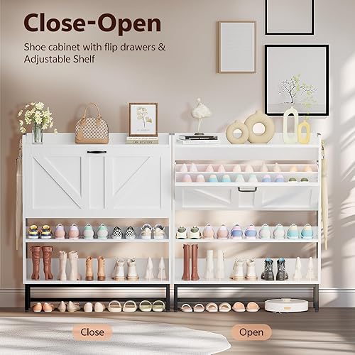 Miniatura 4 de Armario de zapatos, organizador de zapatos con cajón abatible y 2 estantes de almacenamiento abiertos, armario estrecho independiente para zapatos,