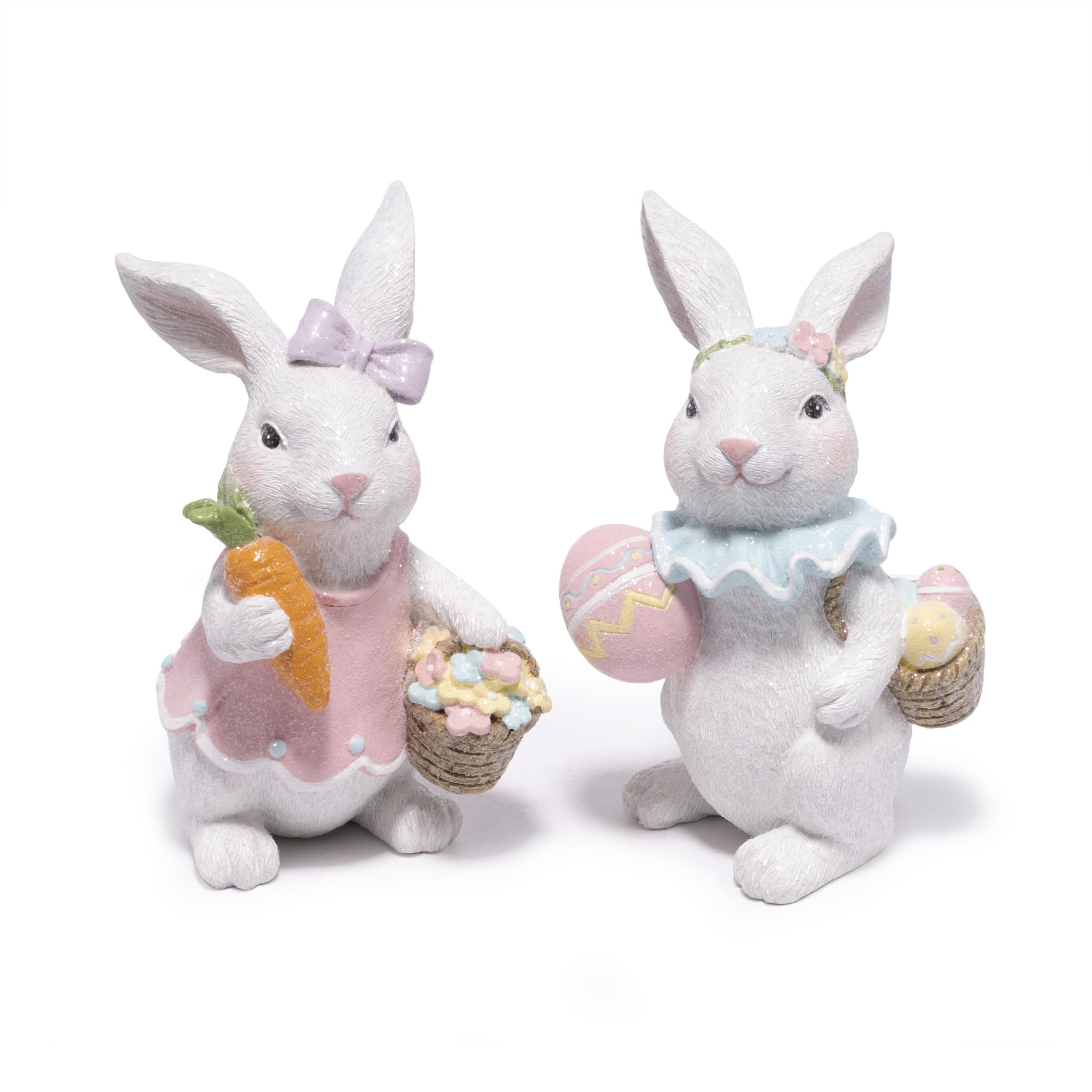 Hodao Easter Bunny Figurines Set, Spring Rabbit Decor with Easter Eggs Basket, Floral Wreath Bunny Statues, Tabletop Home Decoration for Living Room, Entryway