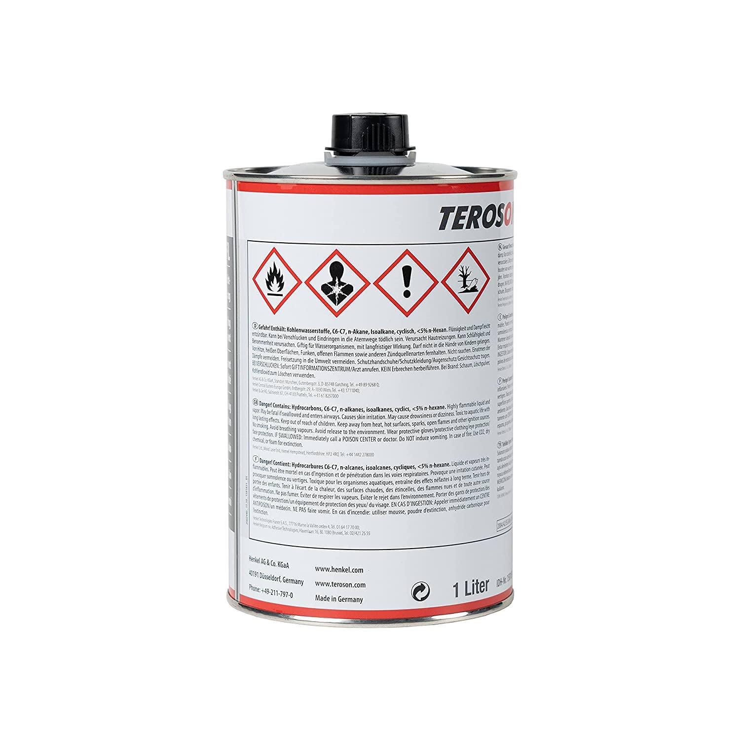 TEROSON VR 10, Reinigungsmittel zur Vorbehandlung von Klebeflächen, Bauteilreiniger auf Basis von Waschbenzin, Auto-Reiniger für Fahrzeugscheiben und -teile, 1x1l