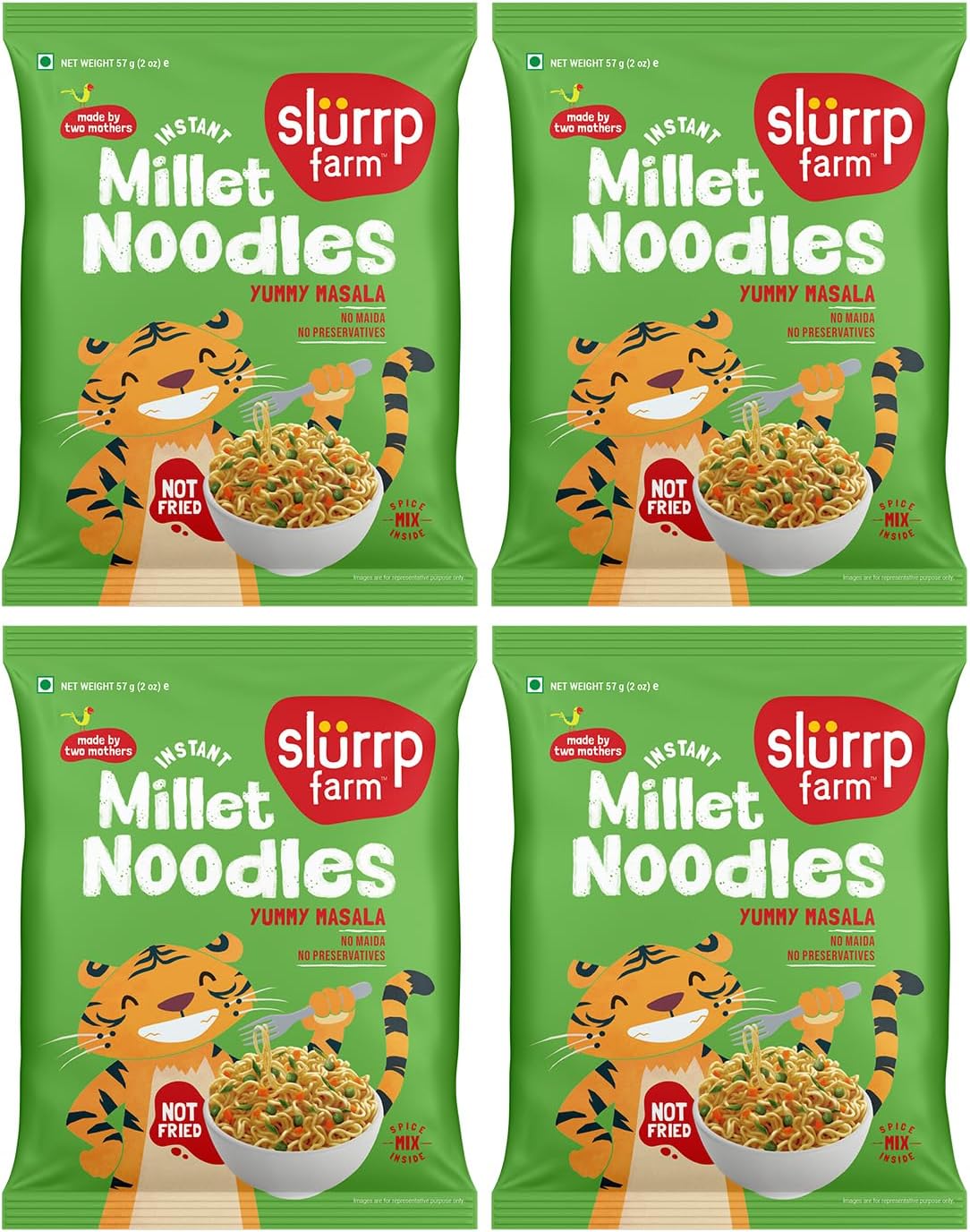 Slurrp Farm No Maida Instant Millet Noodles- Yummy Masala, Not Fried, No MSG, 4 X 57g