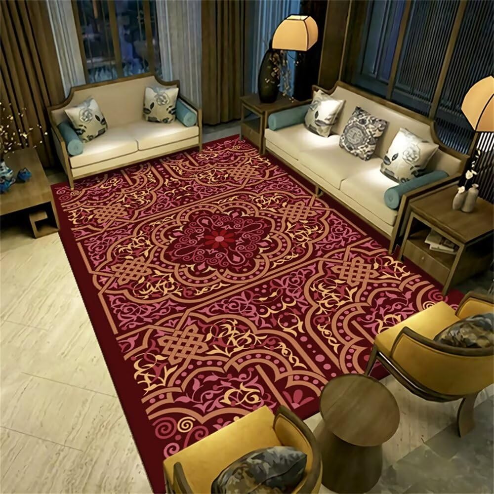 Tapis gamer sol rouge 200x300cm rétro à motifs floraux pour salon et enfant