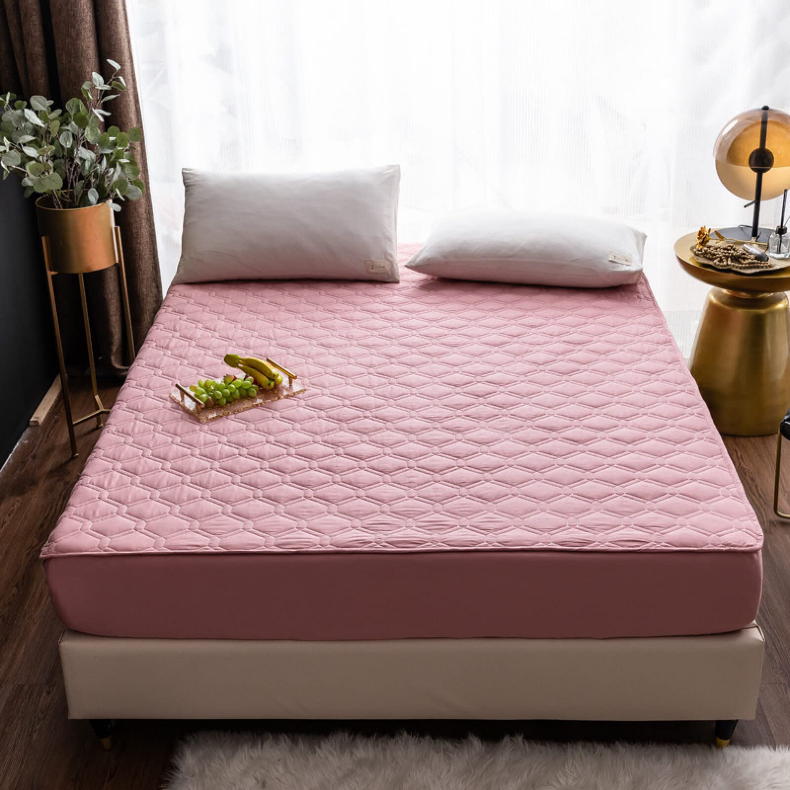 FCLDESHOP Suave Sábana Bajera,Cubrecolchón De Bolsillo Profundo Acolchado De Algodón Grueso, Sábanas Antideslizantes De Color Sólido para Hotel De Dormitorio, Funda De Cama,Rosado,150 * 200cm+30cm