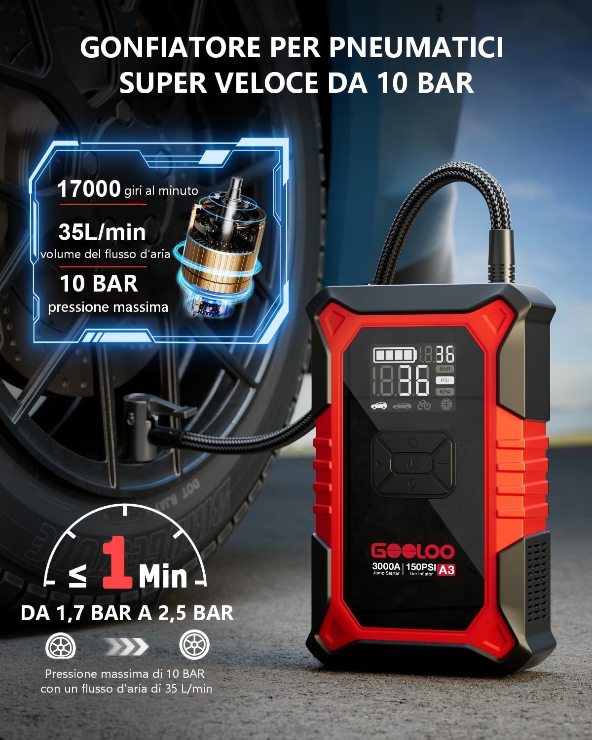 GOOLOO 3000A Avviatore Batteria Auto con Compressore, 150PSI Avviatore Emergenza per Auto con Torcia, Ricarica USB, avviatore batteria per auto (fino a 9.0L Gas/6.5L Diesel)