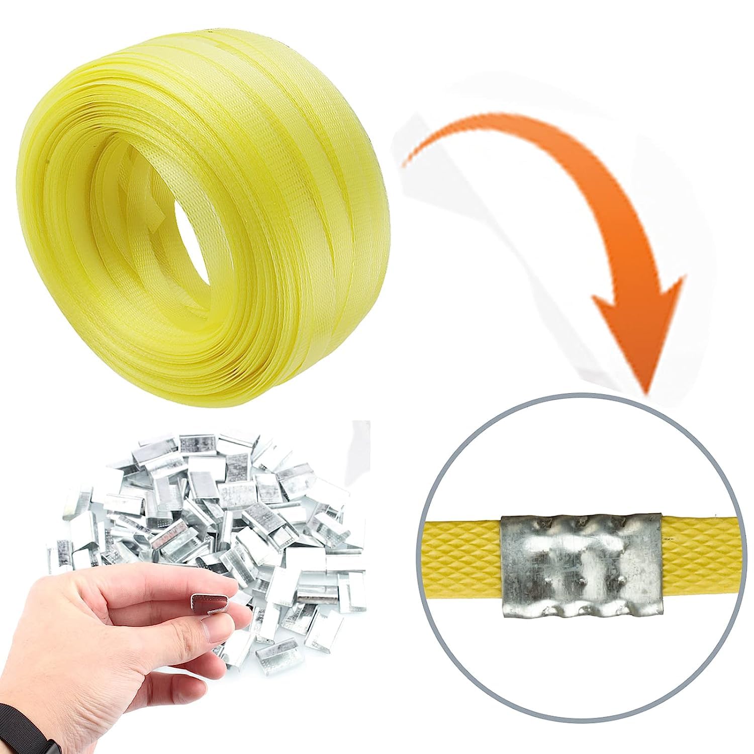 Kit de strapping manuel comprenant 100 m de ruban de strapping PP + 100 clips en métal