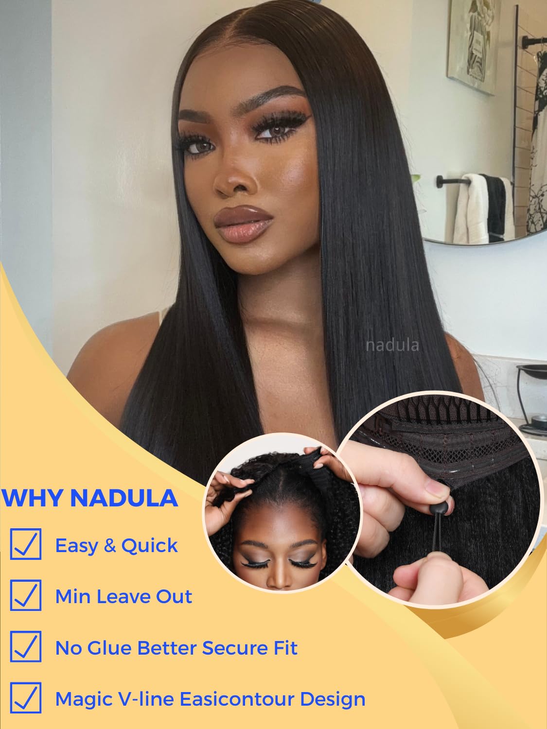 Nadula EasiContour V Part Yaki Straight Human Hair No Leave Out Clip in V-part Wig,12A Glueless Upgrade U Part Light Kinky Straight Human Hair Wig 180% Density with Elastic Drawstring 24inch