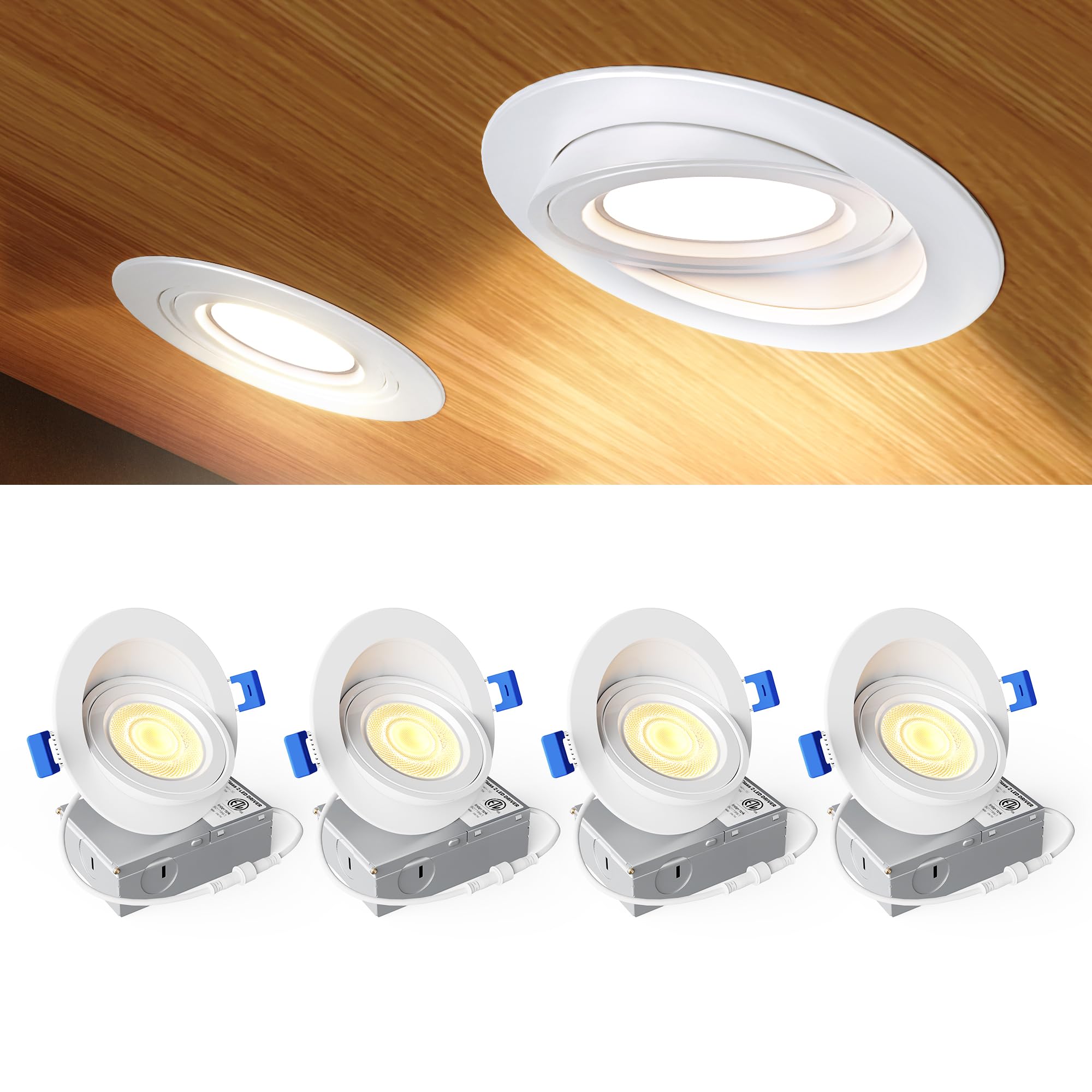 Ensenior 4 Pack 4 inch 5CCT LED Gimbal Led Recessed Light with Junction Box, 360°+90° Adjustable Directional Eyeball Lighting, Dimmable, 2700K/3000K/3500K/4000K/5000K, 900LM, 9W=85W, 120V-ETL&FCC