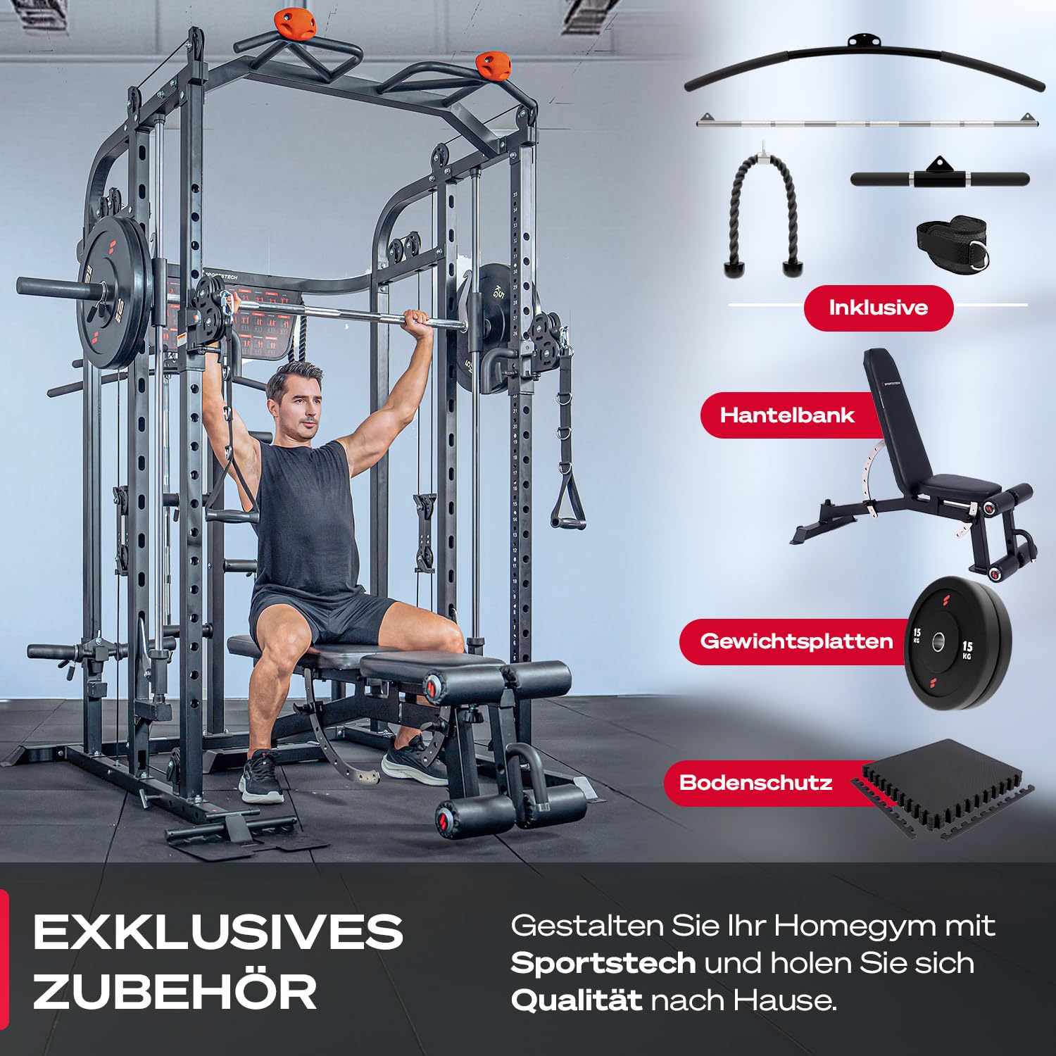 Sportstech SXM150 Smith Machine für Zuhause, Power Rack mit Kabelzug, Klimmzug, Langhantelstange, Bankdrücken, Multipresse, für Gewichtsscheiben, Kraftstation inkl. Griffe, Multifunktional, Home Gym