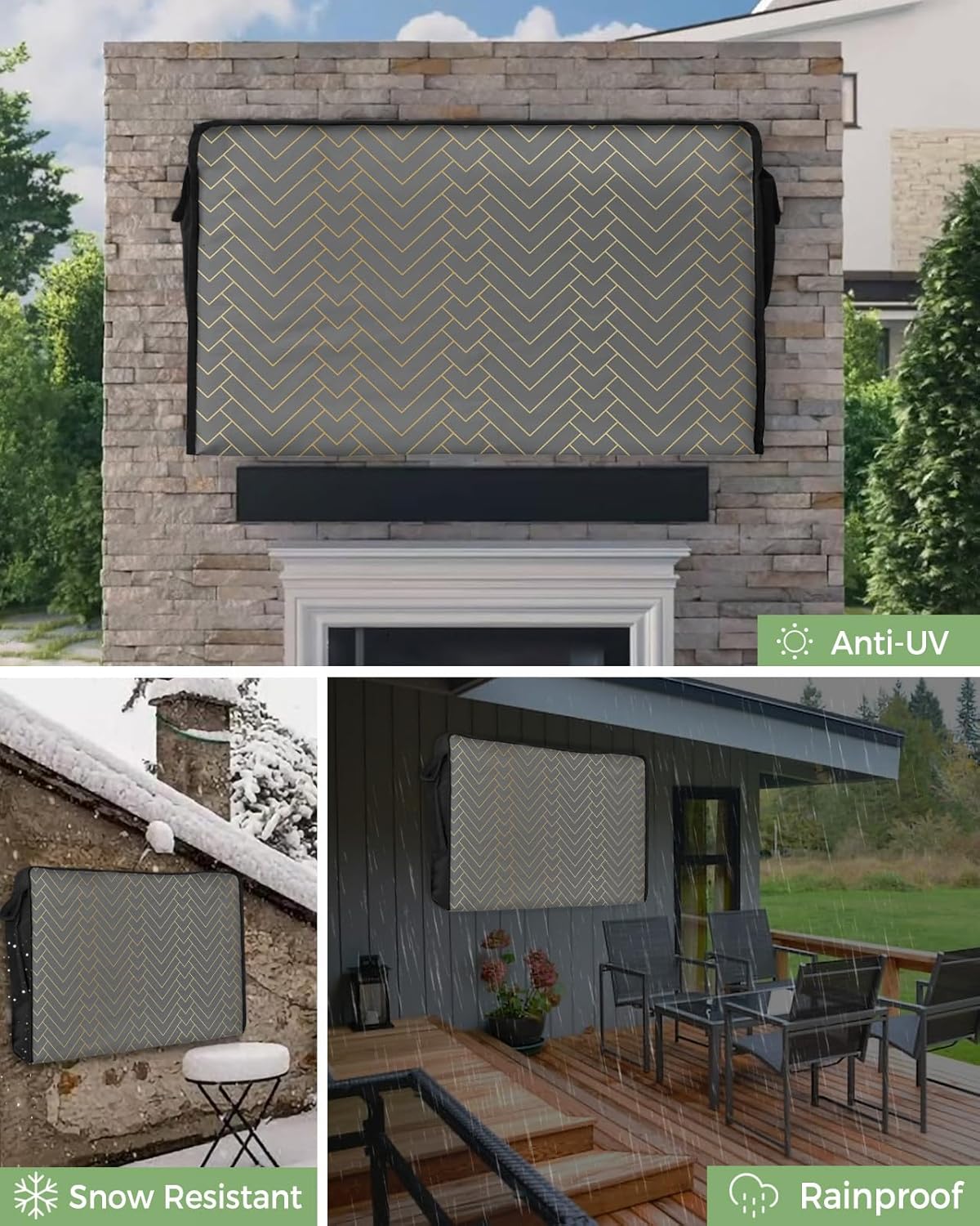 Outdoor TV Cover - Geometric Yellow Lines Grey Background Waterproof and Weatherproof 80"-85" LCD Movable Shield TV Display Screen Protector Outside Television Covers