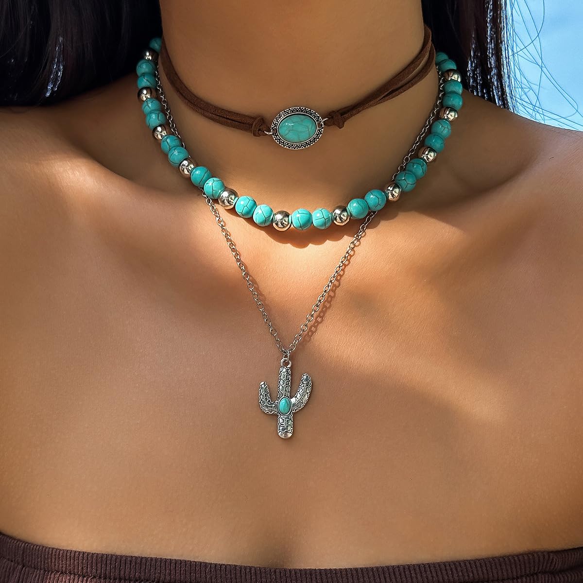 Todu 3PCS Boho Western Necklace for Women Turquoise Beaded Cactus Horseshoe Chunky Layered Stack Pendant Necklace Western Country Concert Jewelry for Cowgirl Cowboy - 3