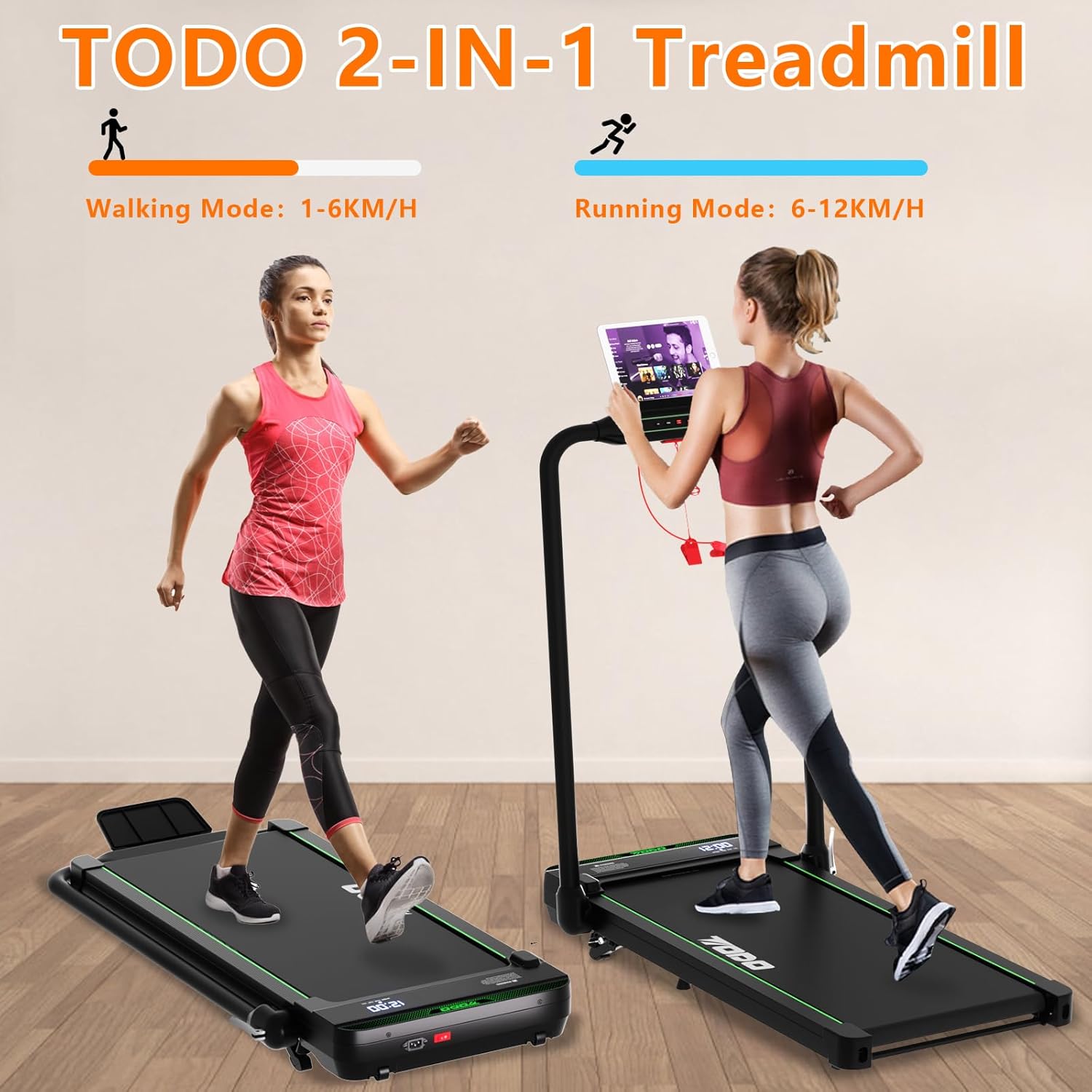 Two women demonstrating the treadmill in walking mode (handrail down) and running mode (handrail up), with speed ranges indicated.