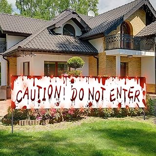 Large Halloween Yard Sign Banner with Red LED String Lights - 120x20 inch Halloween Party Decorations Lawn Fence Porch Bloody Sign Hanging Decor Indoor Outdoor Backdrop Party Supplies - CAUTION! DO NOT ENTER
