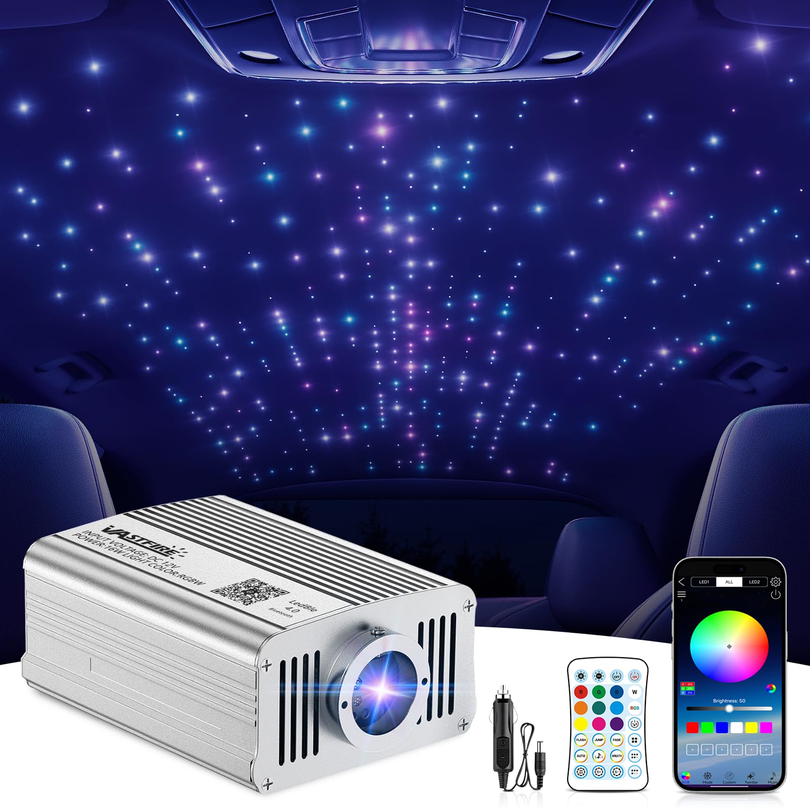 VASTFIRE Starlight Headliner Kit - 1000pcs 0.02in 9.8ft Fiber Optic Star Lights for Car with 16W RGBW, Twinkle &amp; Music Sync, APP/Remote Control for Car Roof/Bedroom Ceiling
