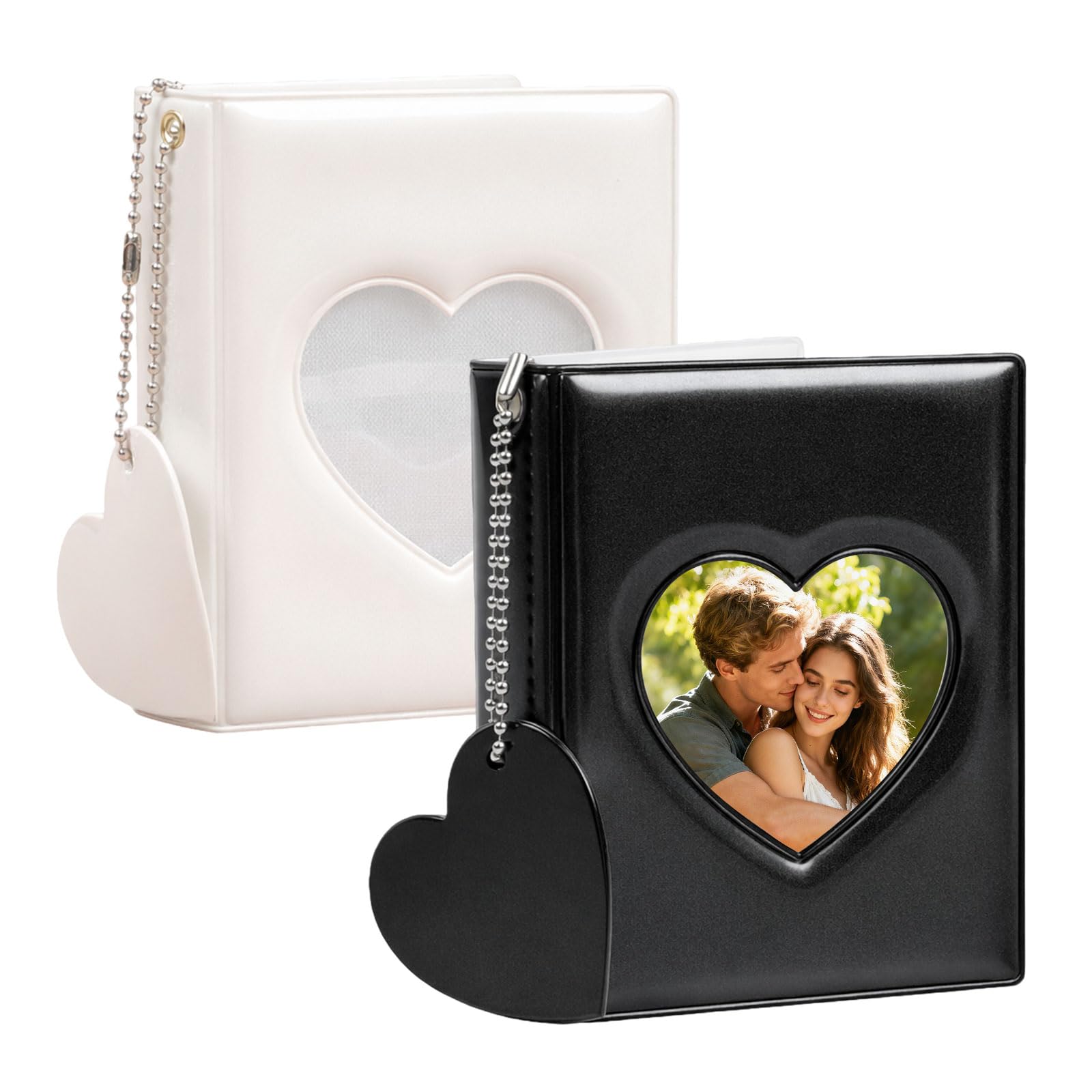 – 2-piece Mini Photocard Folder, black and white mini photo album, heart-shaped hollow card folder with pockets, mirror-smooth photocard folder with pendant