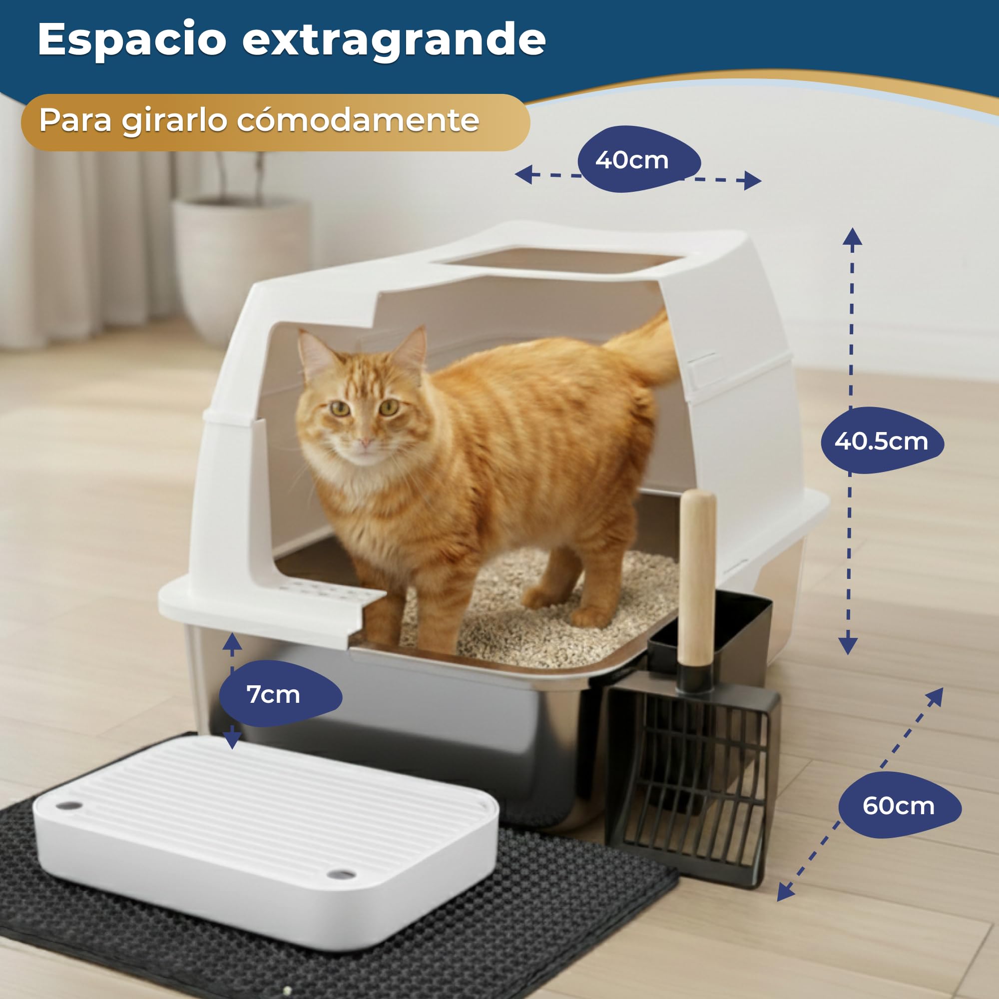 Arenero Gato Acero Inoxidable XXL – Arenero Acero Inoxidable Cerrado de Doble Entrada con escalón, Pala y Alfombrilla – Fácil de Limpiar, antiolores, Caja de Arena para Gatos Grandes - Beige