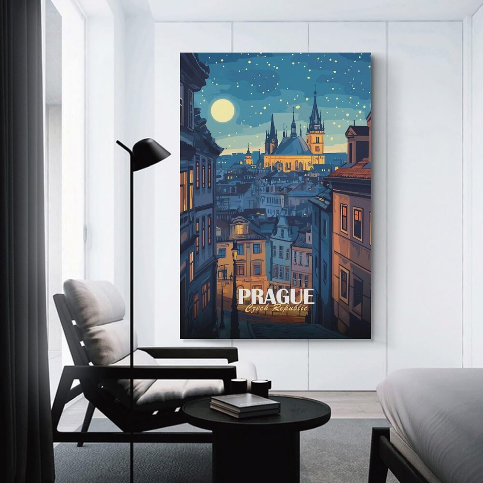 Junmoney Prague Czech Republic Night Cityscape Canvas Art Print 20x30inch(50x75cm), for Bedroom Decor, Cosy Corners Or Studios, An Easy Wall Refresh for Bedrooms