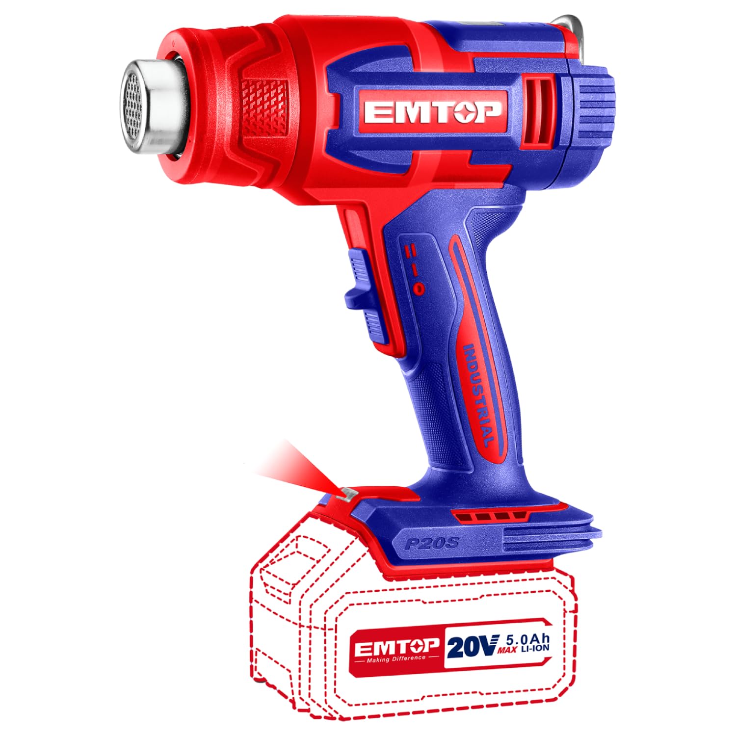 EMTOP - Pistola de calor | 20 V | Para Decapar, Doblar Plásticos y Encogimiento Térmico | Diseño Robusto y Larga Durabilidad | Larga Durabilidad y Materiales Resistentes