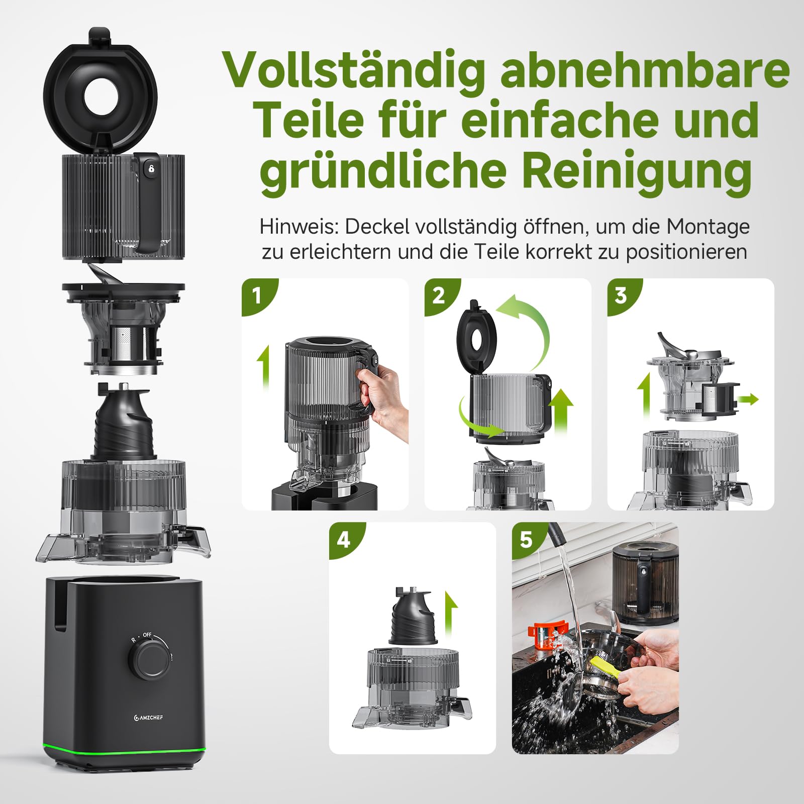 AMZCHEF Slow Juicer 600W 160 mm Einfüllschacht 2,5L Kaltpresse Saftpresse Matt Schwarz