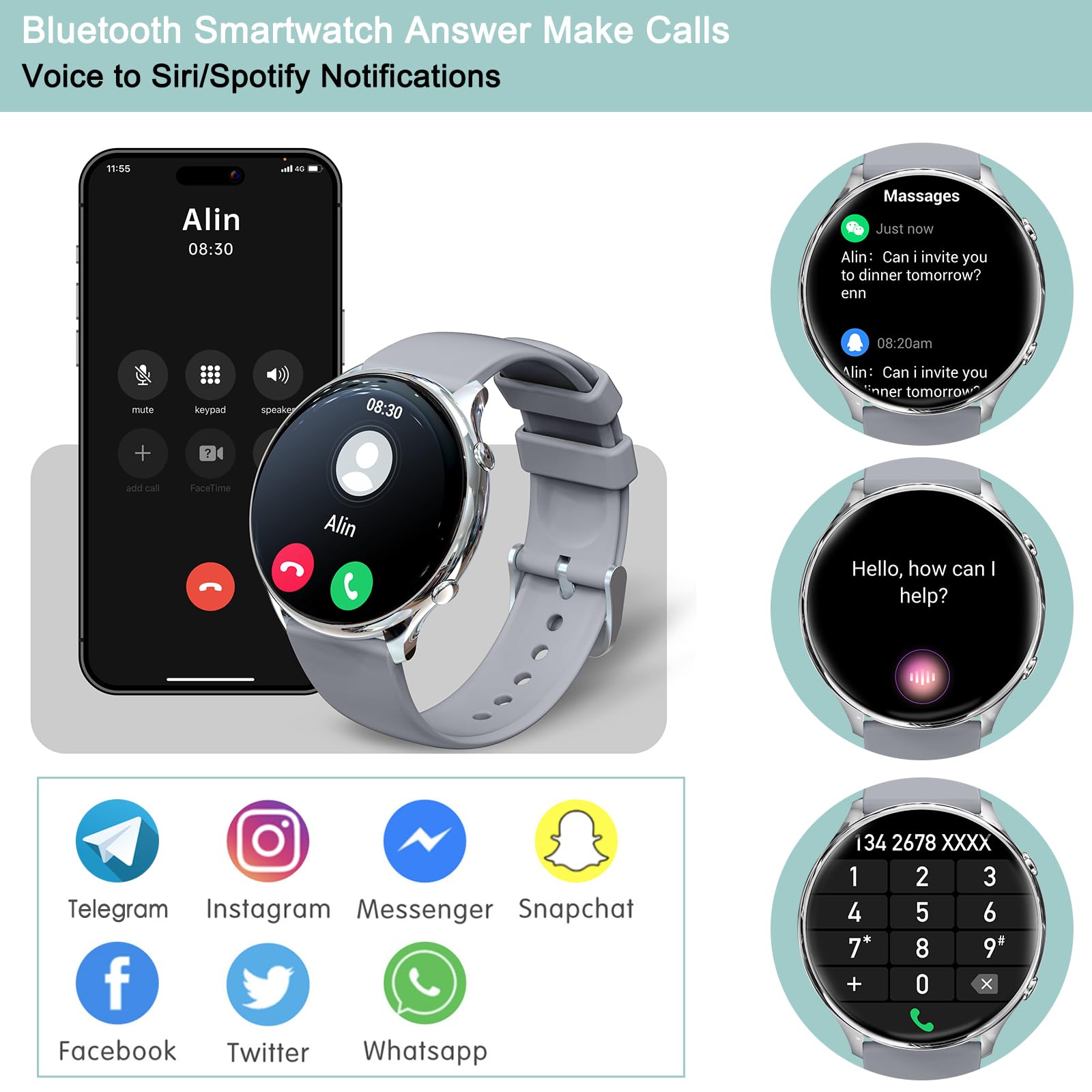 Relojes Inteligentes Mujer Hombre,1.39' Smartwatch Redondo con Hacer y Contestar Llamada,Monitoreo de Sueño,Podómetro,SpO2,120 Modos Deporte,Pulsera Fitness Plata para Android iOS