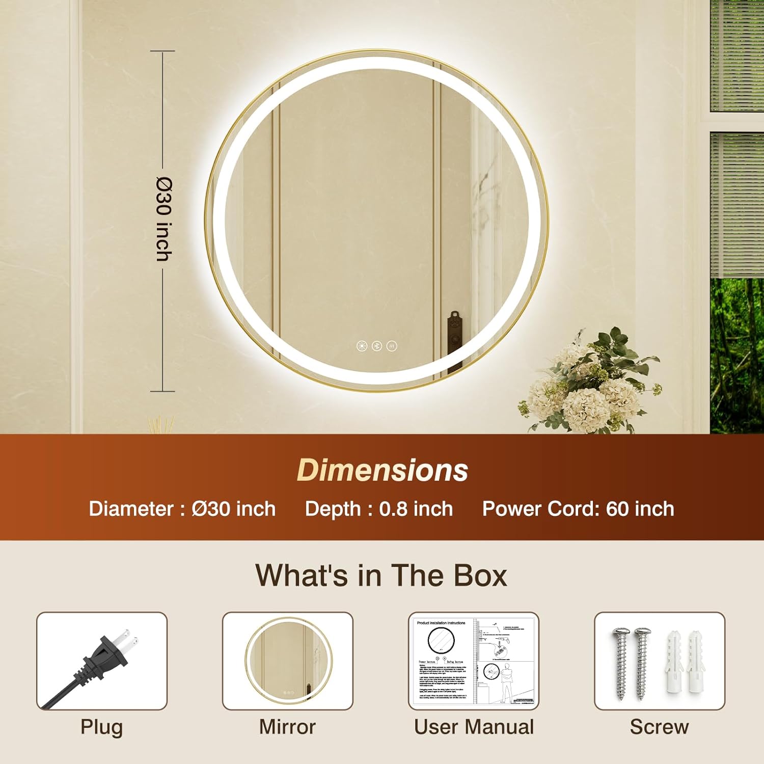 30 Inch Round Gold Framed LED Bathroom Mirror with Lights, Built-in Bluetooth Speaker,Tempered Glass,Dimmable Lighted Bathroom Vanity Mirror with 3 Colors, Backlit + Frontlit, Memory, Anti-Fog