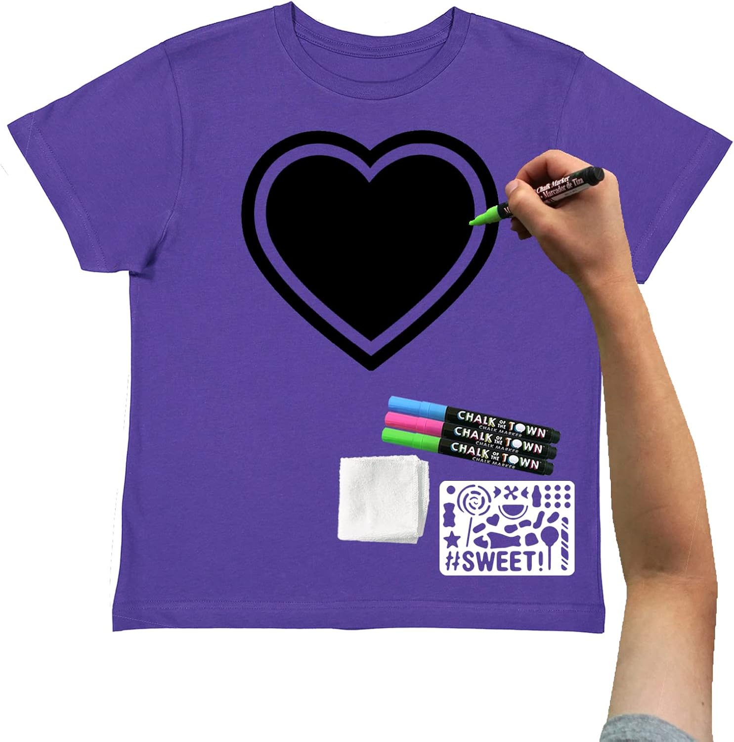 Chalk of the Town Purple Heart Chalkboard Short Sleeve T-Shirt Kit for Kids with 3 Markers and Candy Stencil (Medium)