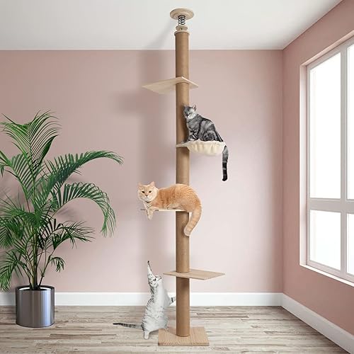 SMONTER Árbol para gatos de 5 niveles del piso al techo para gatos de interior, torre de escalada de madera para gatos de 8.5 a 9 pies, centro de