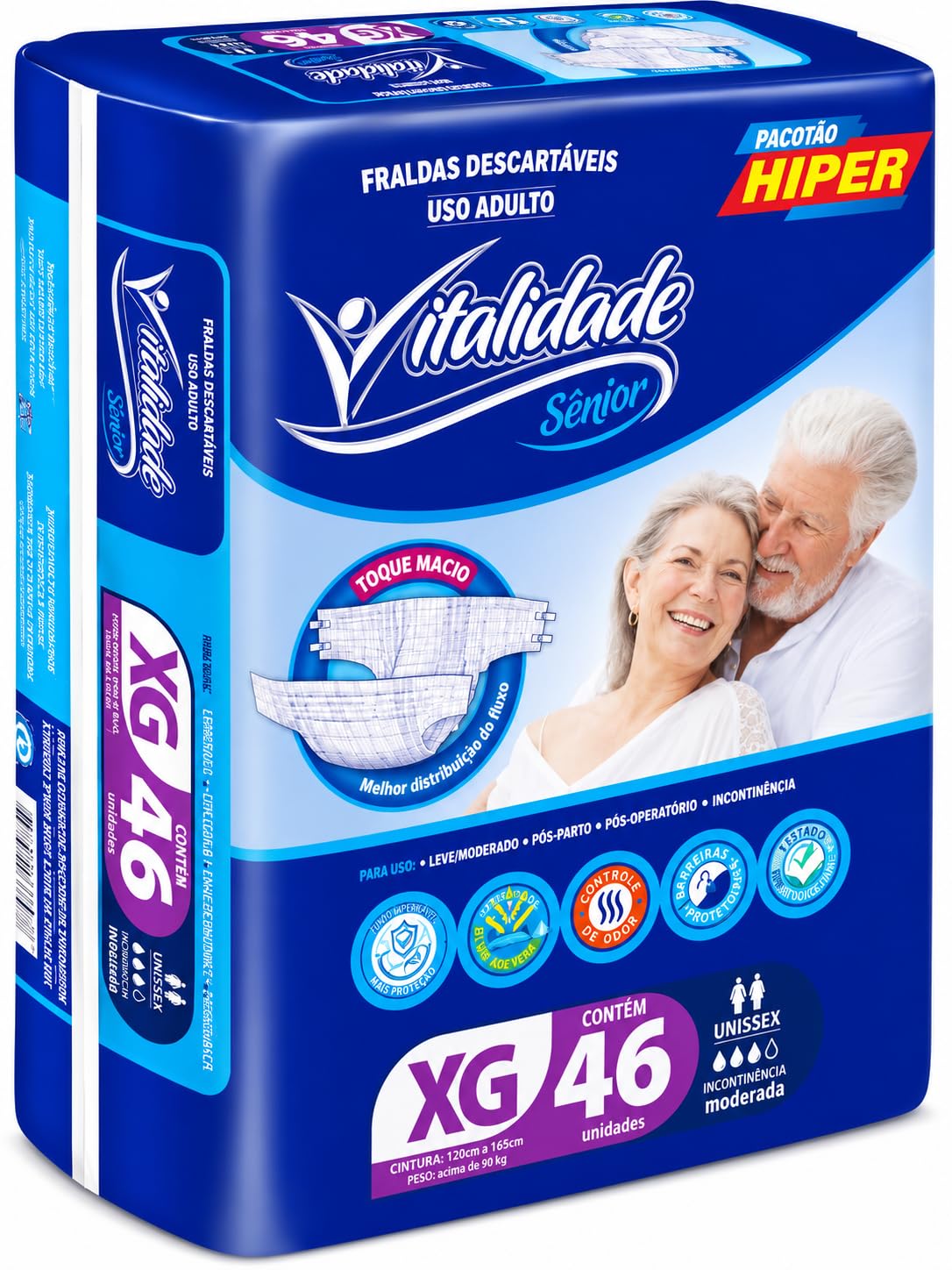 Fralda Geriátrica Adulto Vitalidade Sênior com Fita XG - 46 Unidades | com Fita