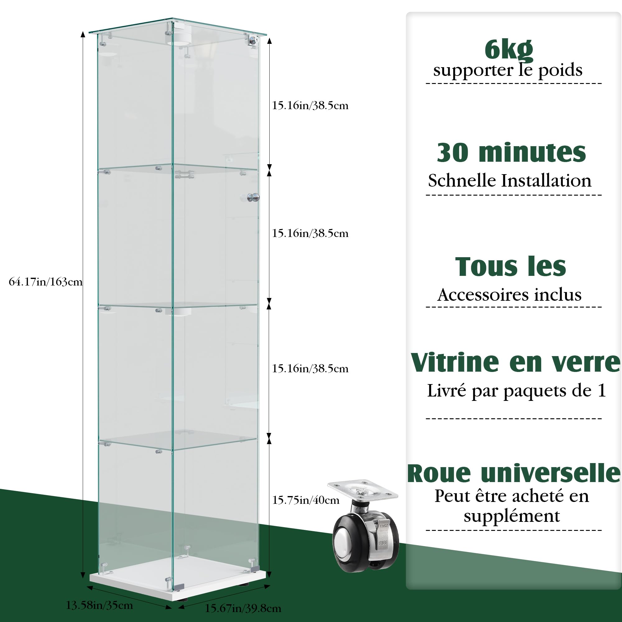 vitrina de cristal, armario de colección moderno de cristal de 4 capas, con luz LED multicolor, escaparate para manualidades, salón, libros (blanco, 1 puerta de 4 pisos)