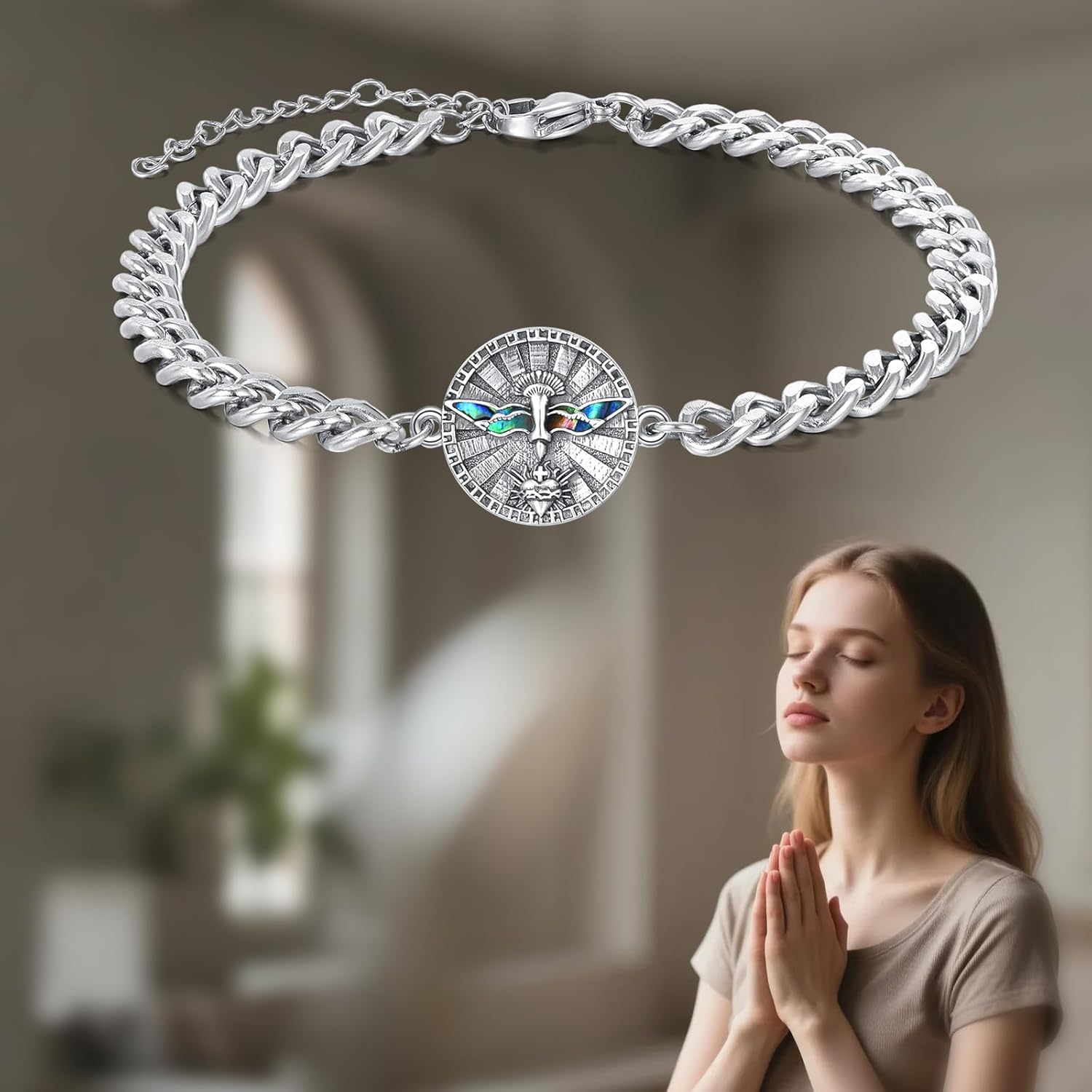 Holy Spirit Dove Bracelet Sterling Silver Sacred Heart Bracelets Jesus Christian Jewelry Gift for Men Women - Image 6