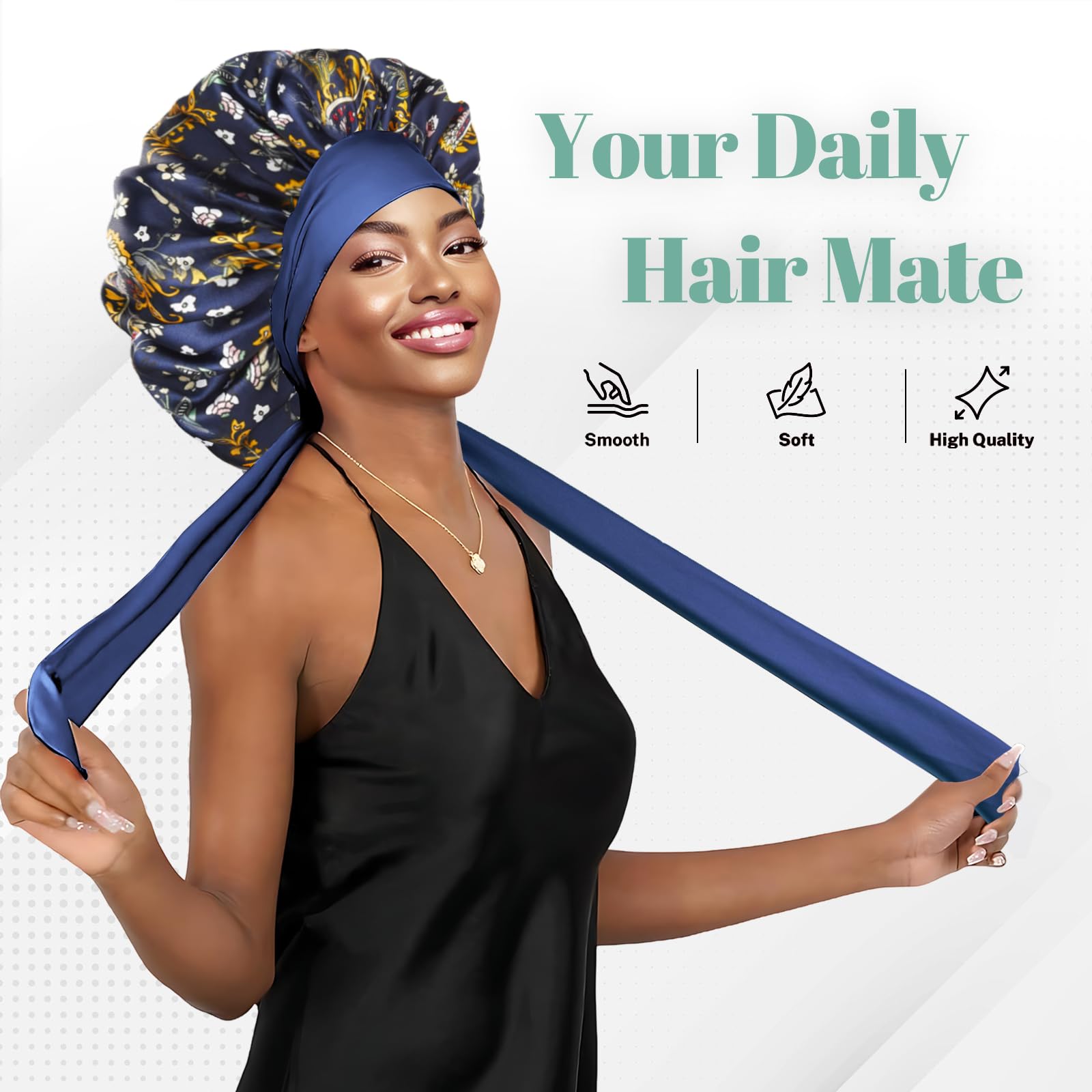 Ptrin Satin Bonnet,Silk Bonnet Hair Bonnet for Sleeping Women,Large Double Layer Satin Hair Bonnet for Sleeping with Adjustable Tie Band,Soft Elastic Breathable Silk Sleep Cap for Curly Hair,Blue