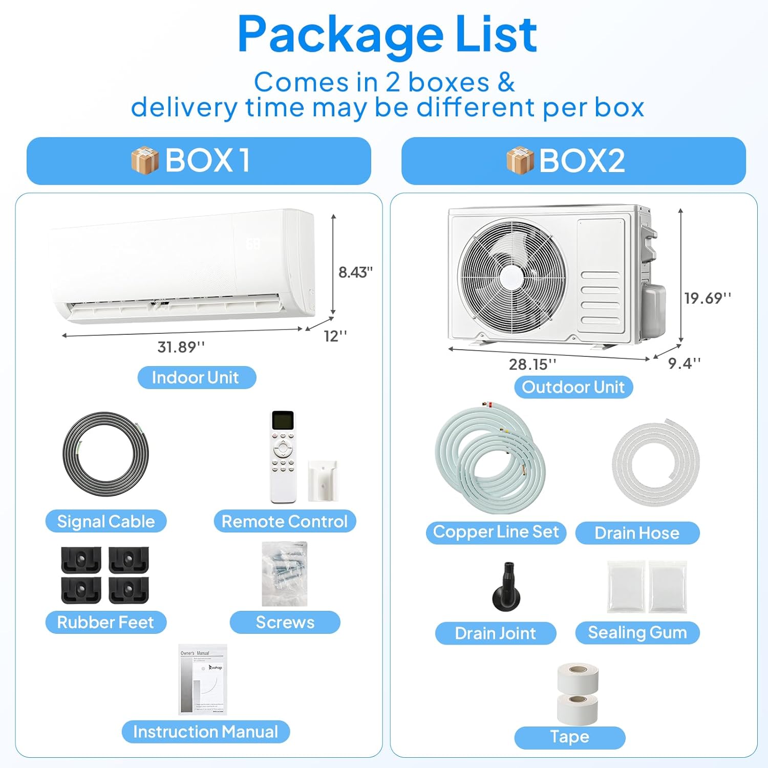 Bonnlo 9000 BTU Mini Split AC/Heating System, 19SEER2 Inverter Ductless Wall AC Unit, Energy Efficient Air Conditioner with Pre-Charged Condenser & Installation Kit, Cools Up to 450 Sq. Ft, 115V